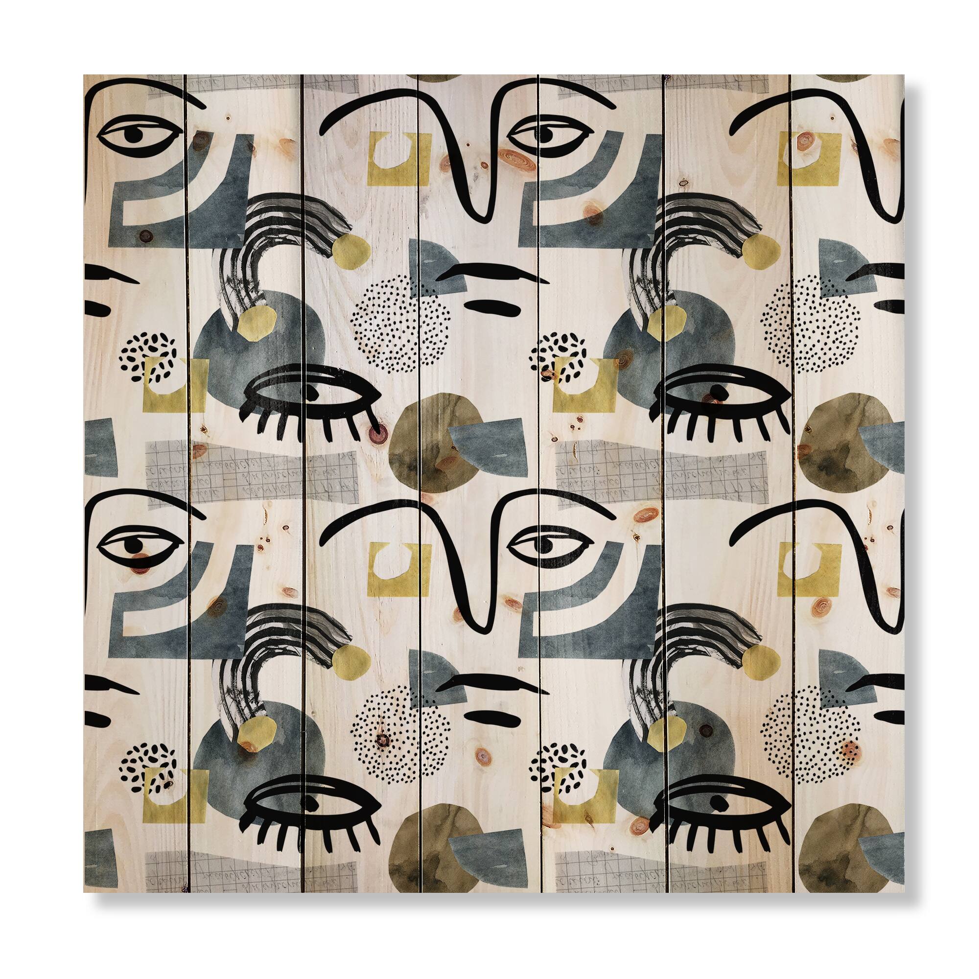 Designart - Collage of Eyes & Doodles In Contemporary Style I - Modern Print on Natural Pine Wood