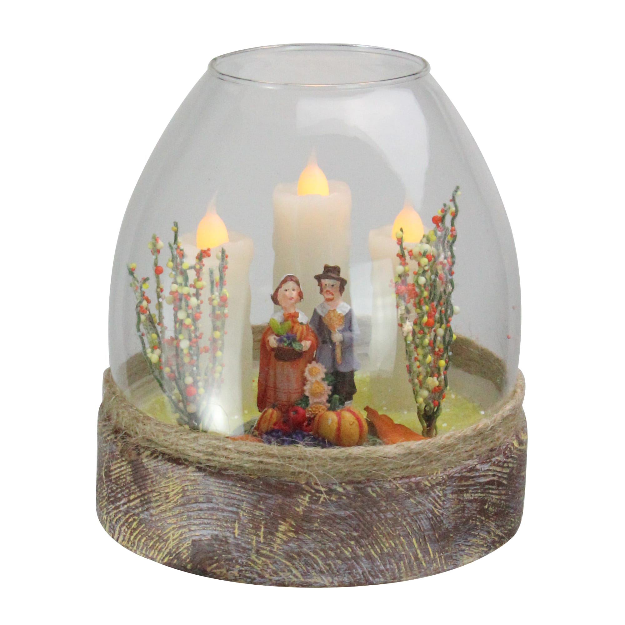 5" Glass Pilgrim Figurine Flickering Candle Thanksgiving Jar