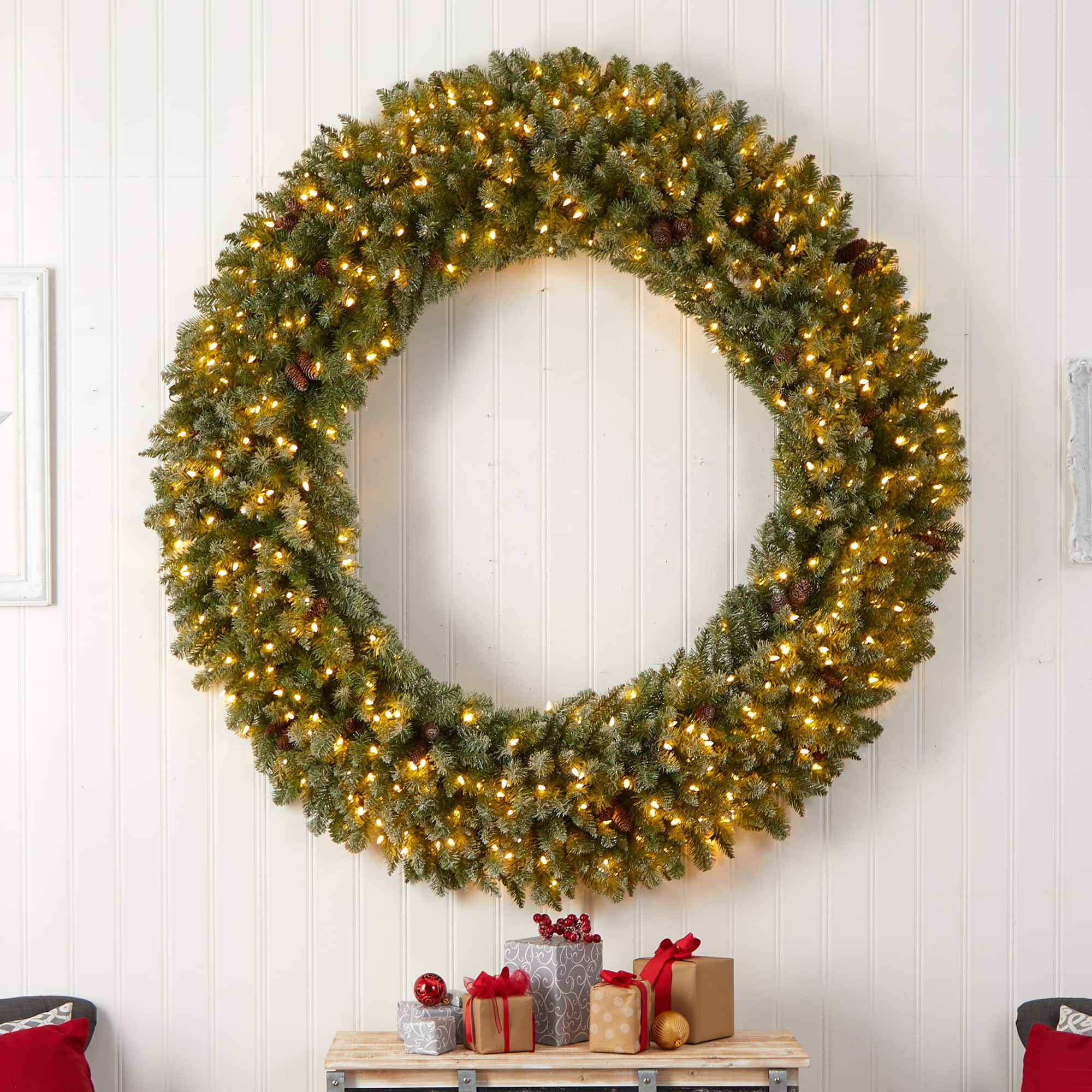 6ft. Clear LED Lights Flocked Artificial Christmas Wreath With Pinecones
