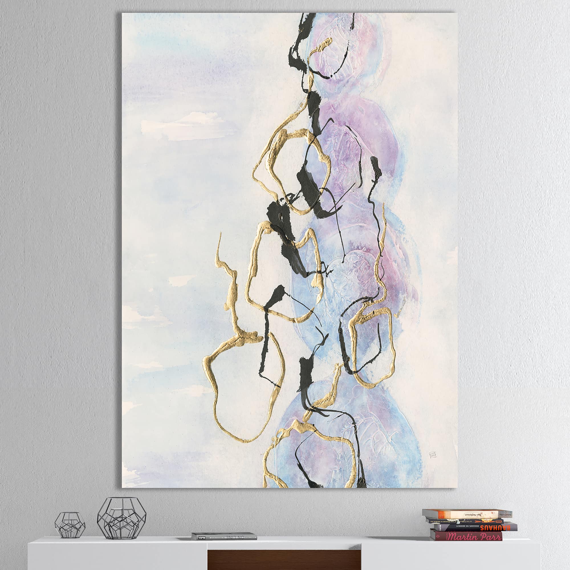 Designart - Gold Lines on Pastel I - Modern Glam Gallery-wrapped Canvas