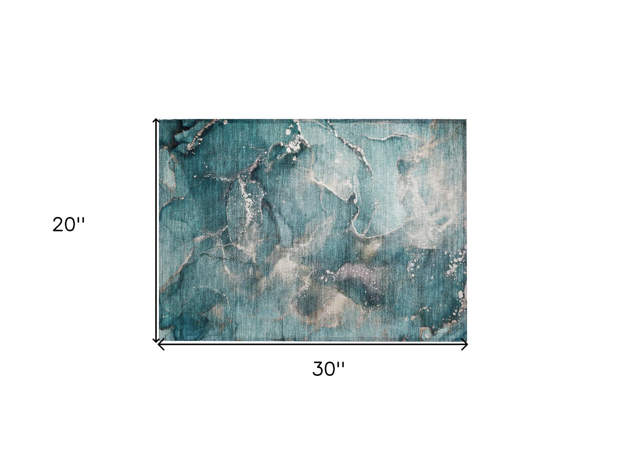 HomeRoots 30" x 20" Teal & White Abstract Washable Indoor/Outdoor Area Rug
