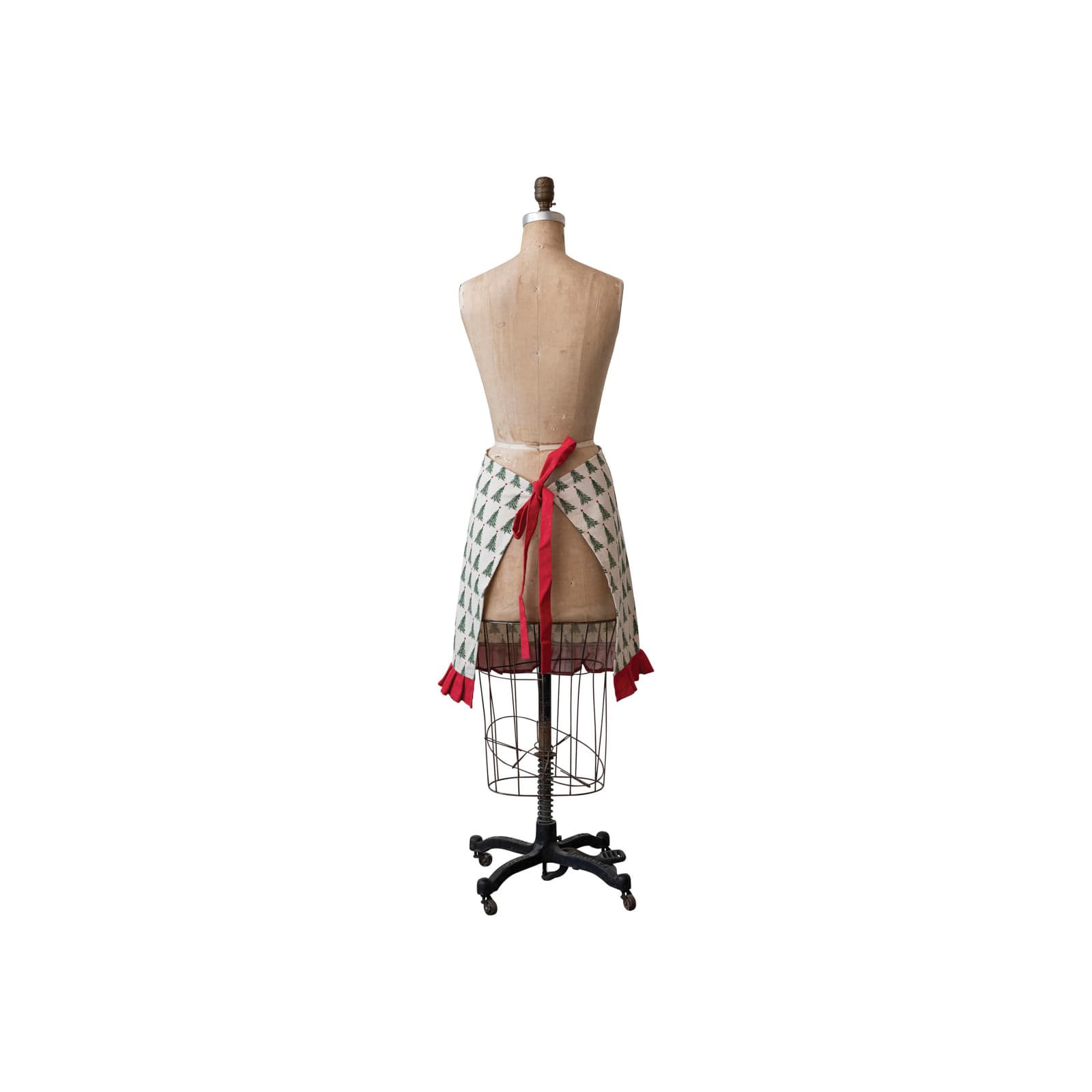 Hello Honey® Natural, Green & Red Cotton Printed Half Apron with Christmas Tree Pattern, Pocket & Ruffle