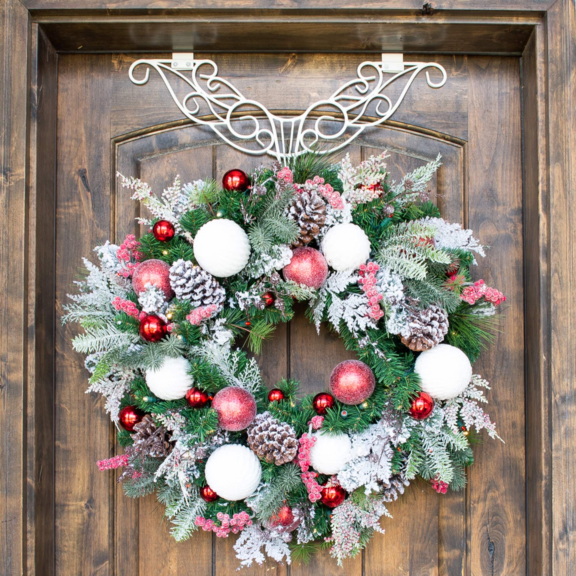 Village Lighting 30" Pre-Lit Frosted Wonderland Christmas Wreath, Red & Clear LED Lights