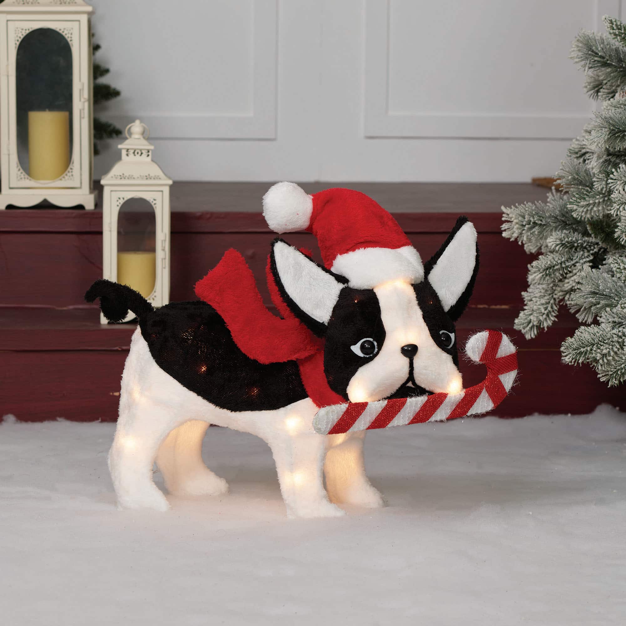 22" Plush Bulldog with Candy Cane Figurine