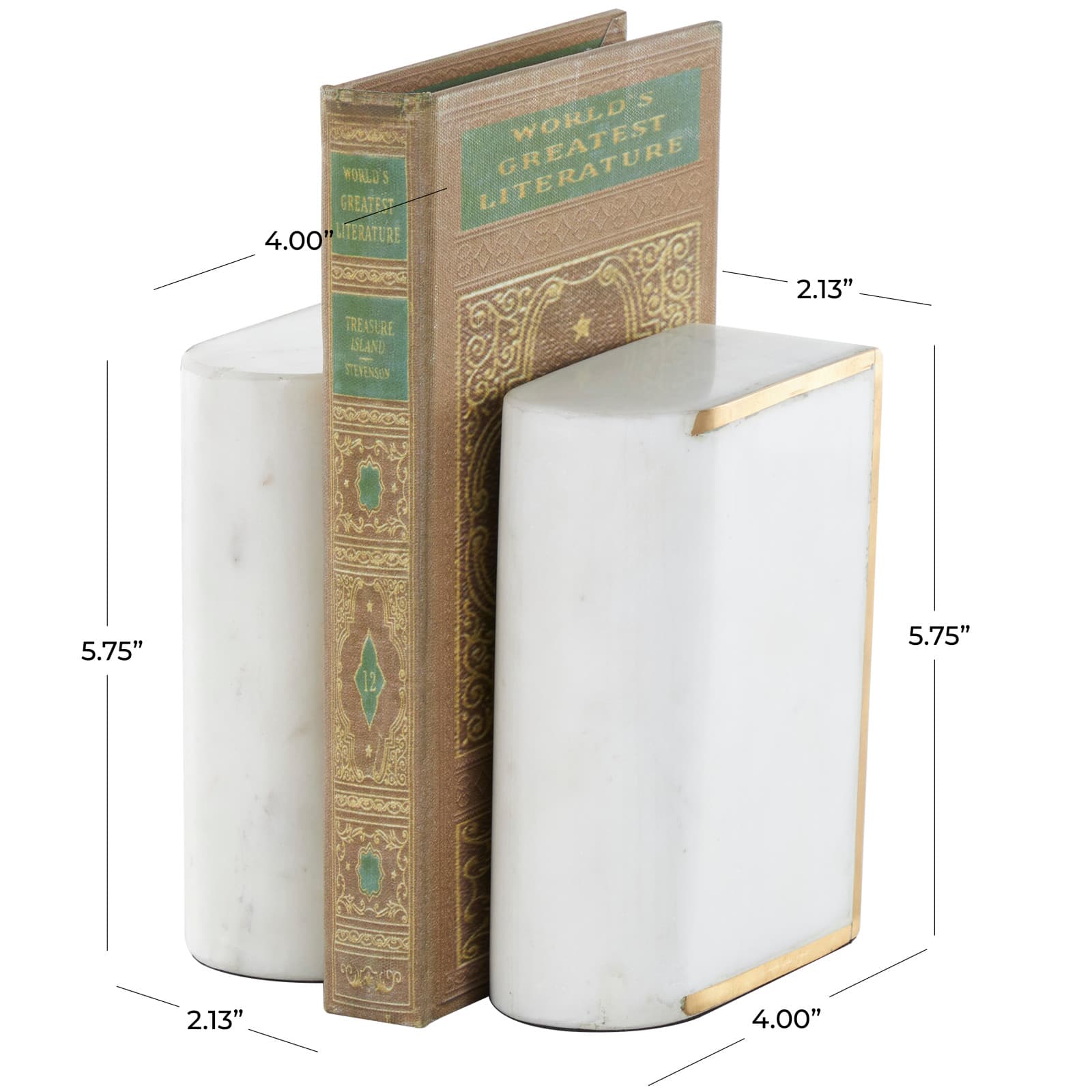 White Marble Curved Rectangular Decorative Bookends with Gold Accents Set