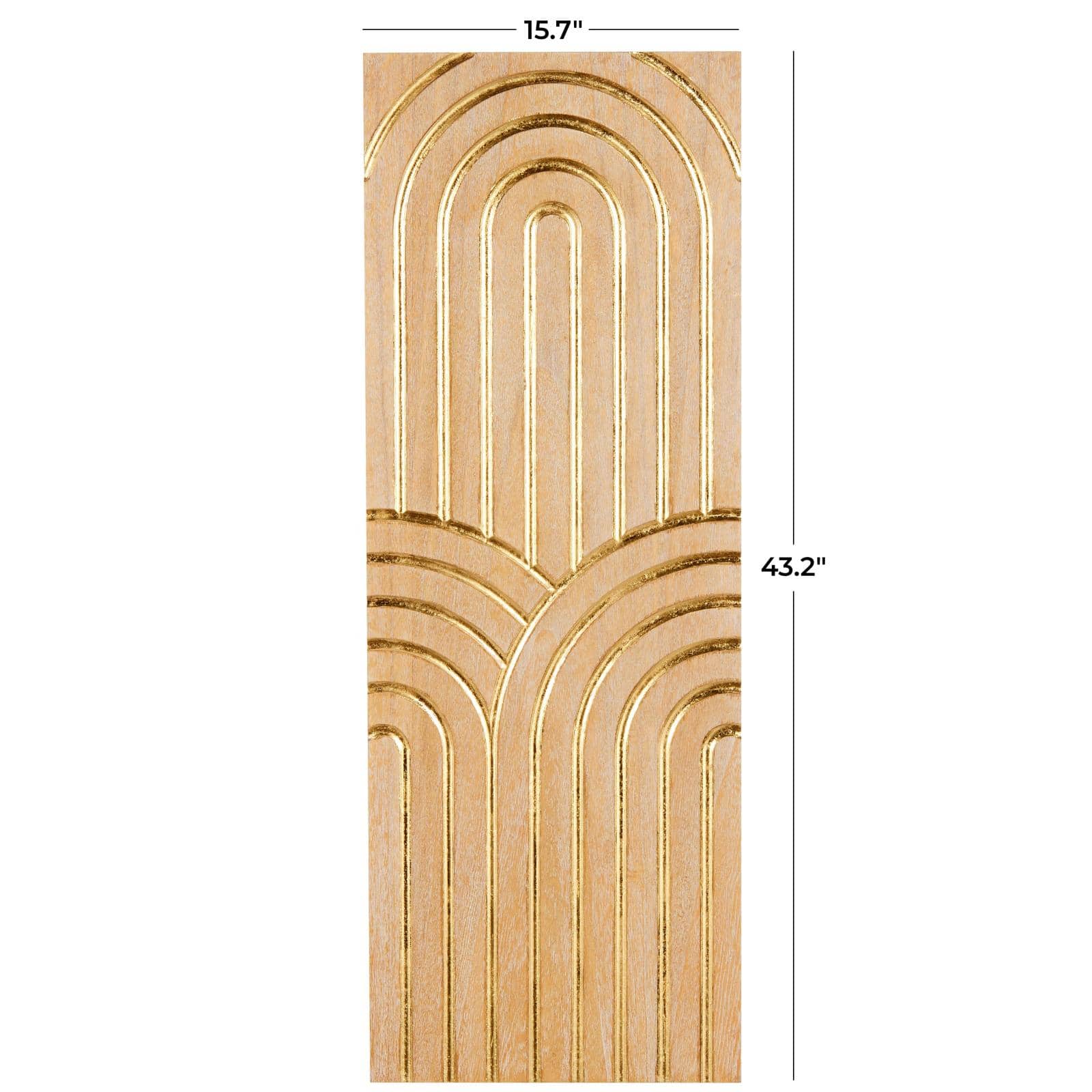 43" x 16" Light Brown Wood Geometric Panel Home Wall Décor with Overlapping Gold Arches