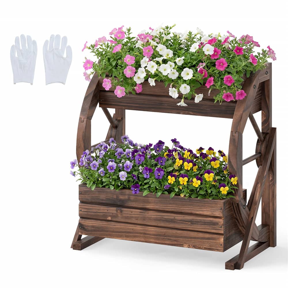 Costway 22" x 13" x 22" 2-Tier Rustic Wood Wagon Planter with Drainage Semi-Wheels Set