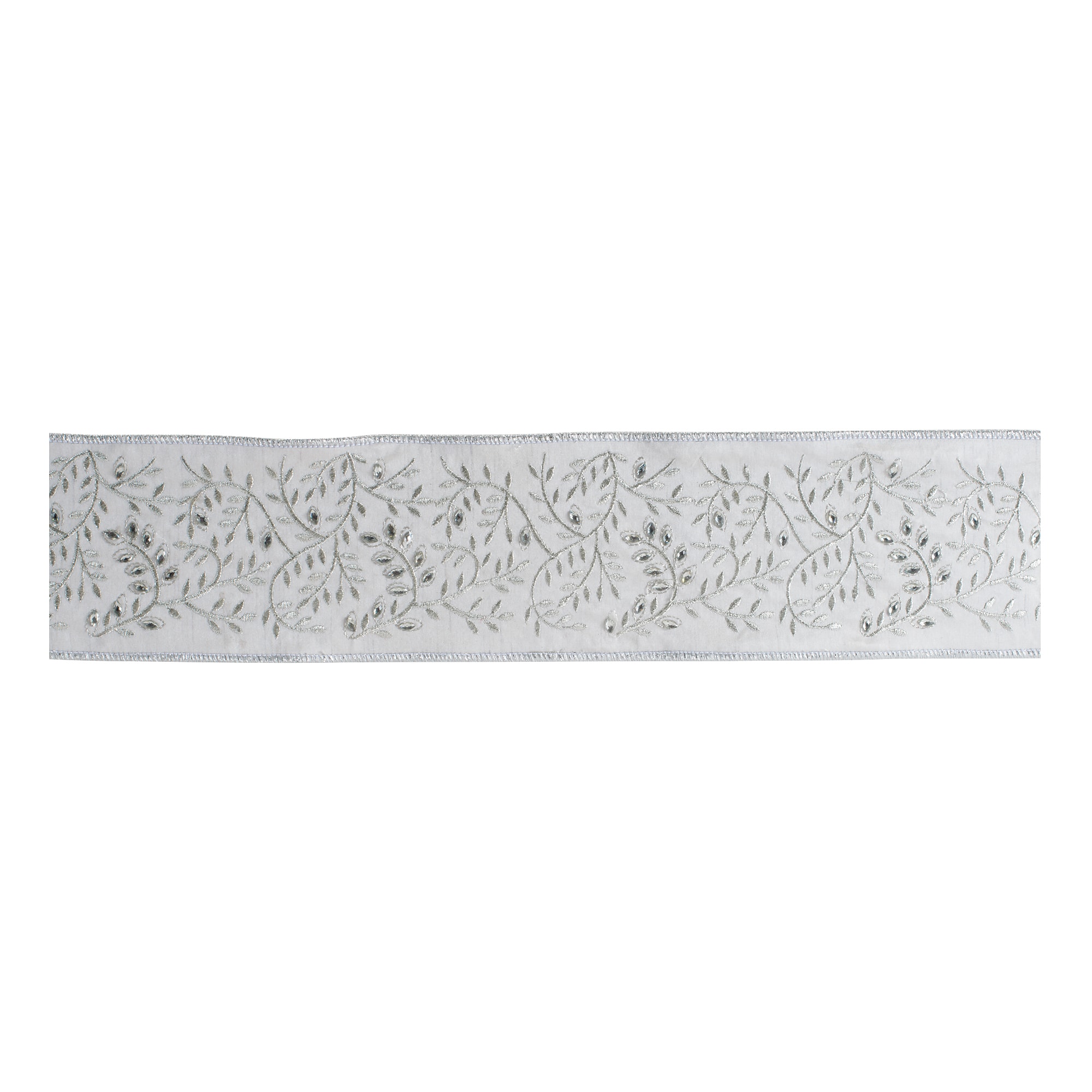 Melrose 4" x 5yd. White & Silver Embroidered Vine Wired Ribbon