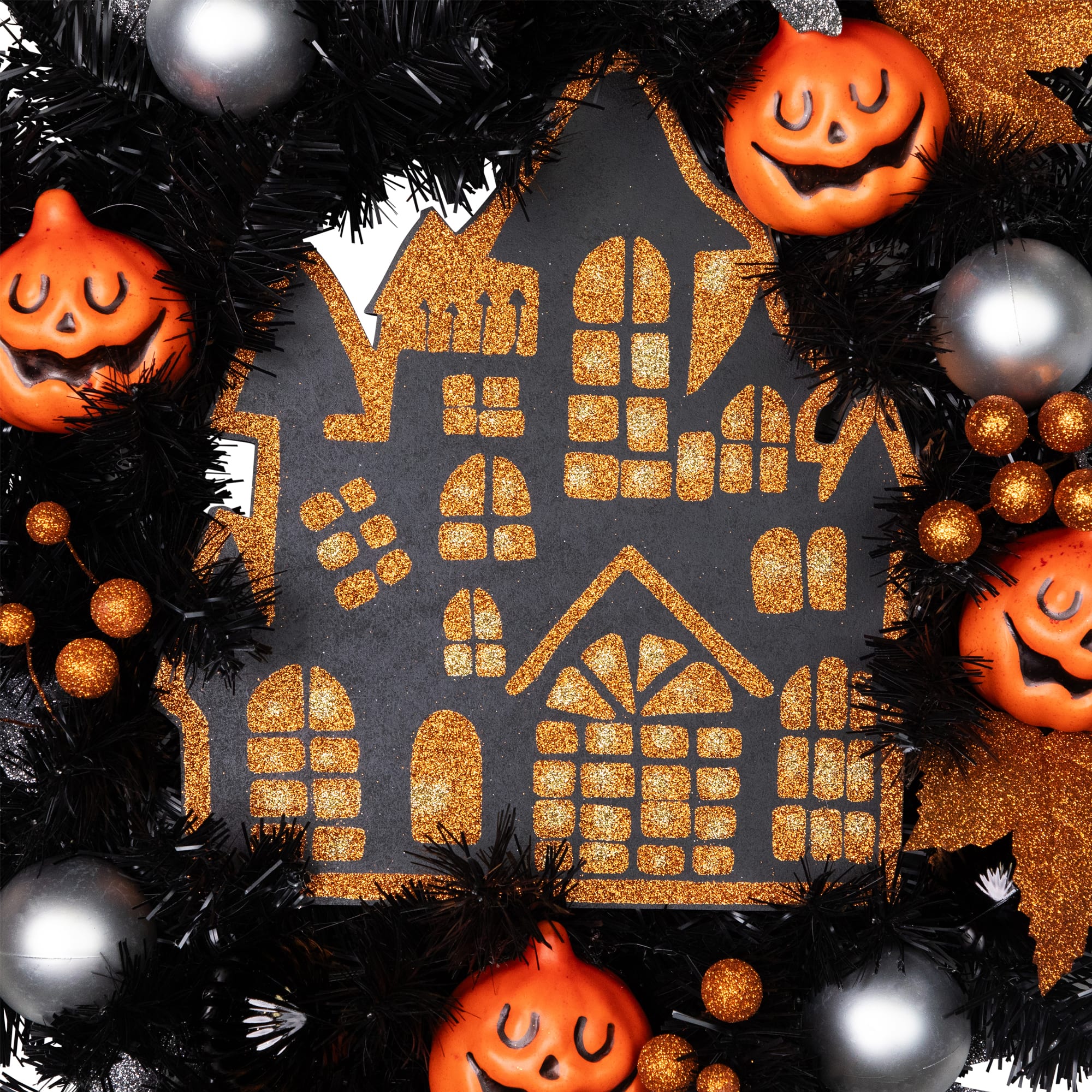 24'' Unlit Orange and Black Haunted House Halloween Wreath