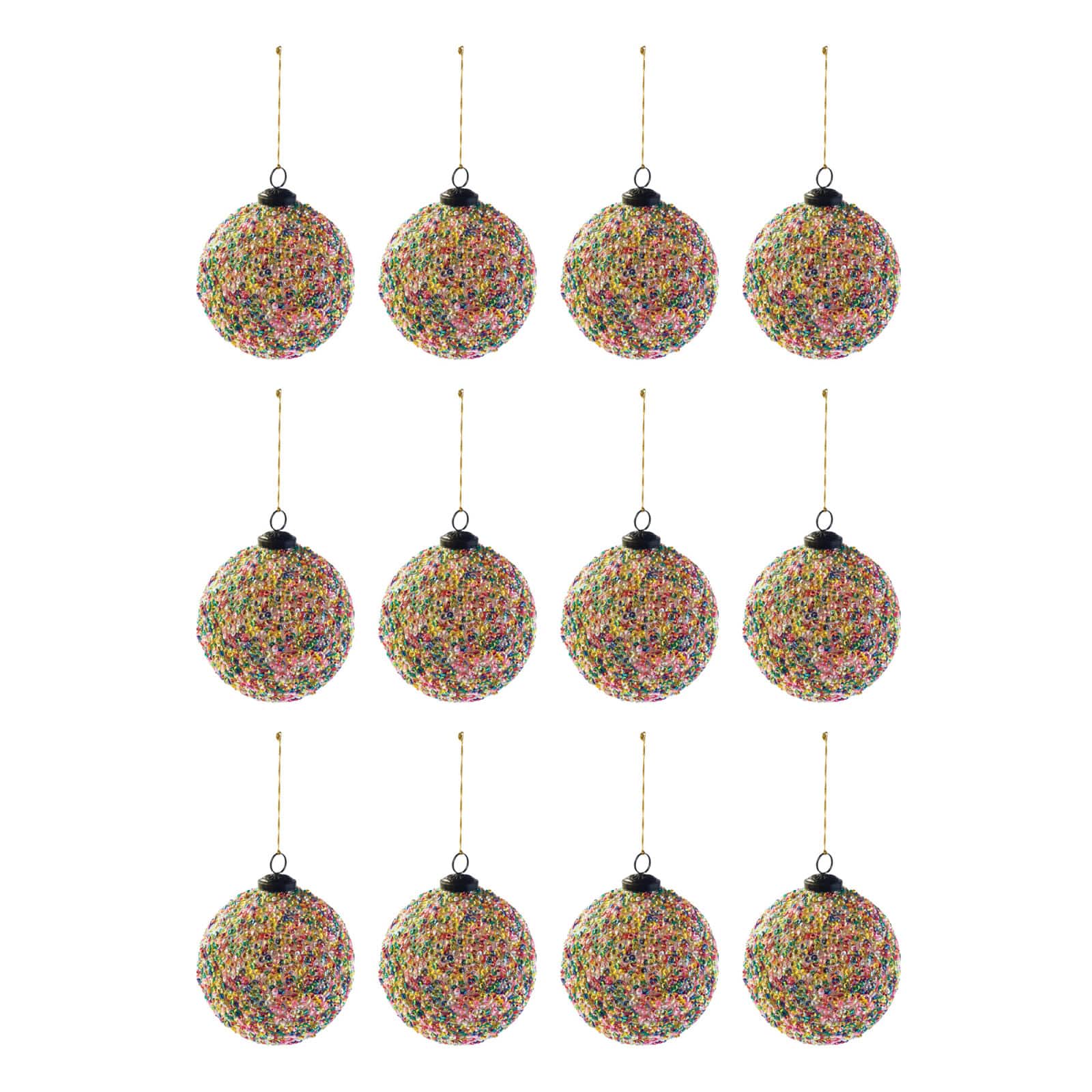 Hello Honey® 12 Pack 3" Multicolor Glass Ball Ornament with Sequins