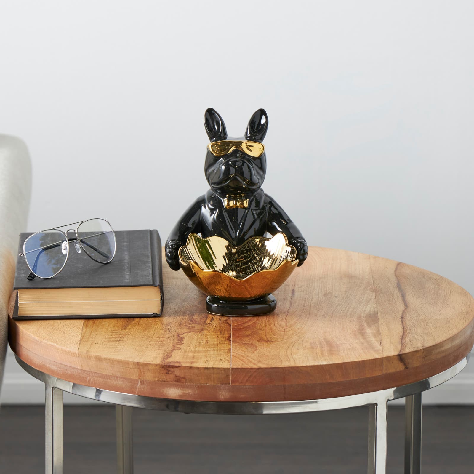 8" Black Ceramic Bulldog Sculpture with Gold Accents