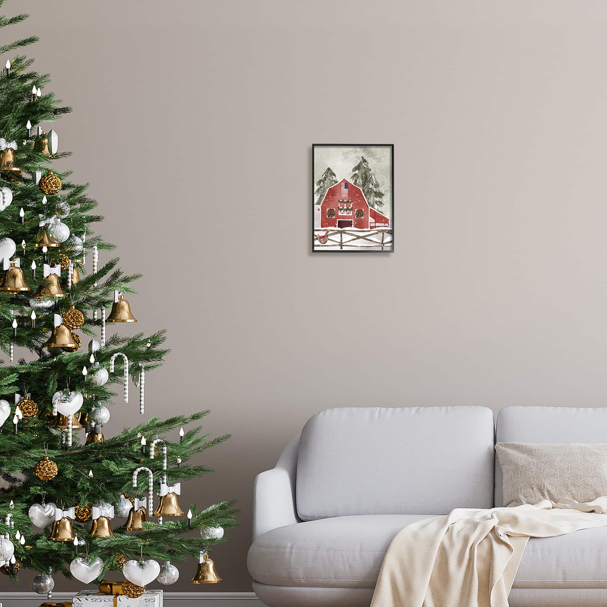 Stupell Industries Snowy Country Barn American Flag Framed Giclee Art