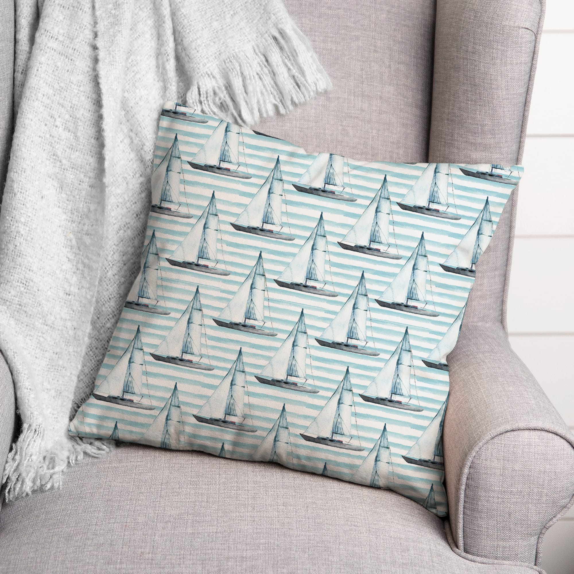 Blue Boats on Stripes Throw Pillow