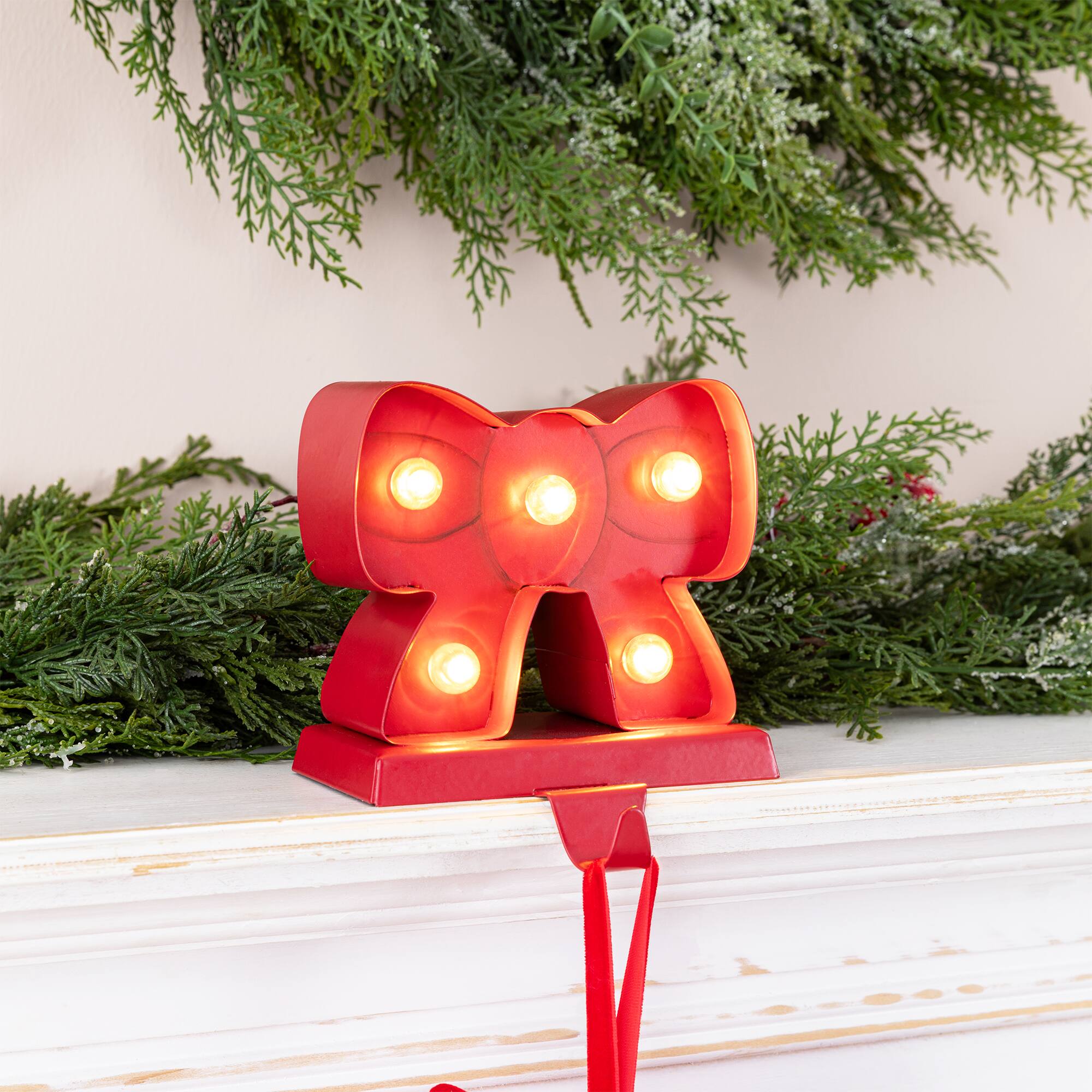 Glitzhome® 5.25" LED Marquee Metal Bow Christmas Stocking Holder