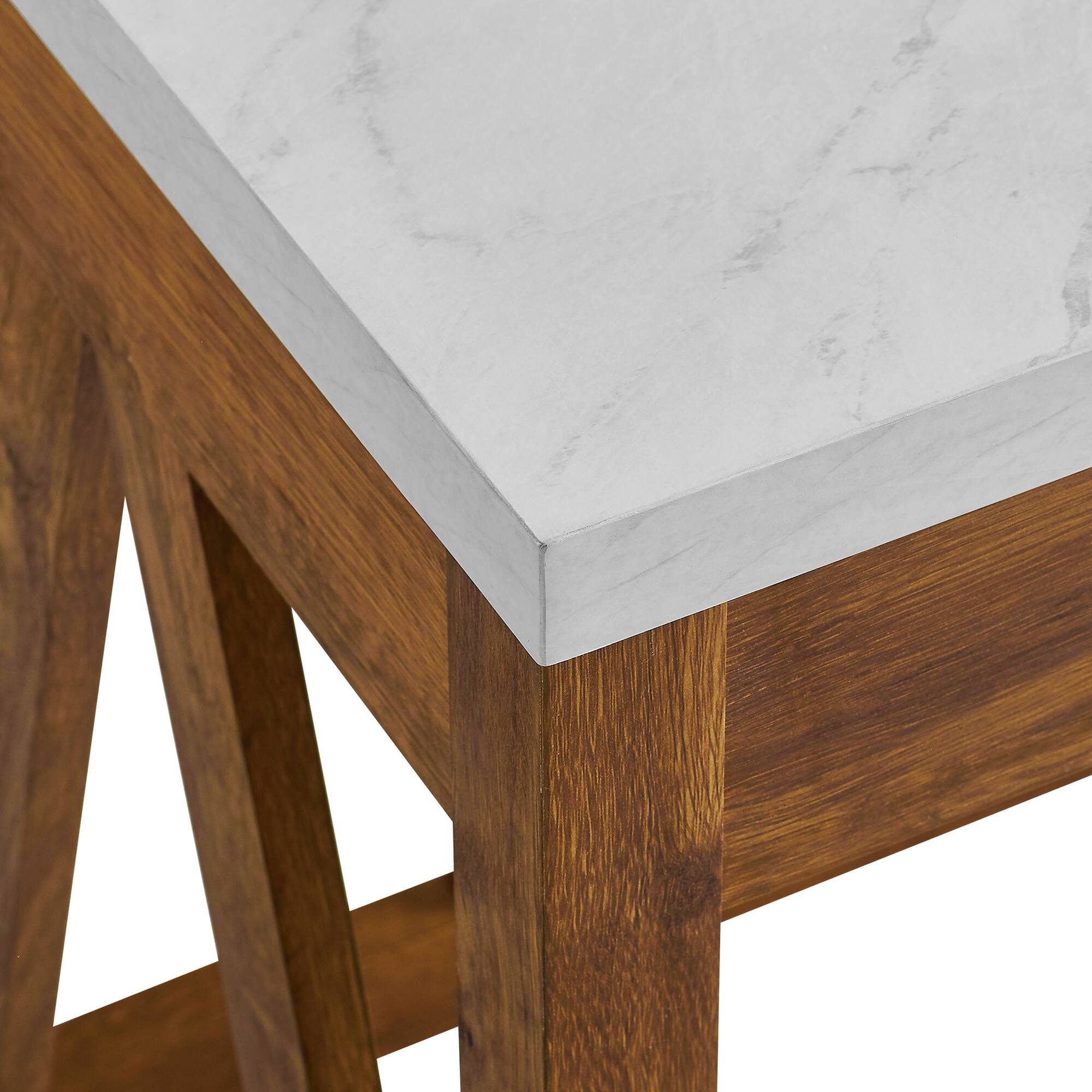 Walker Edison 46" Natural Walnut/Faux White Marble A Frame Wood Computer Desk with Drawer