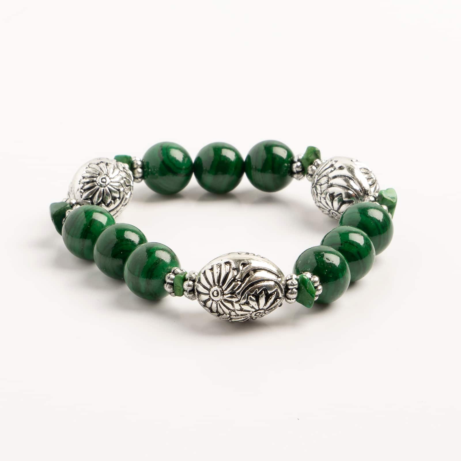 John Bead Malachite Natural Stone Stretch Bracelet with Flower Beads