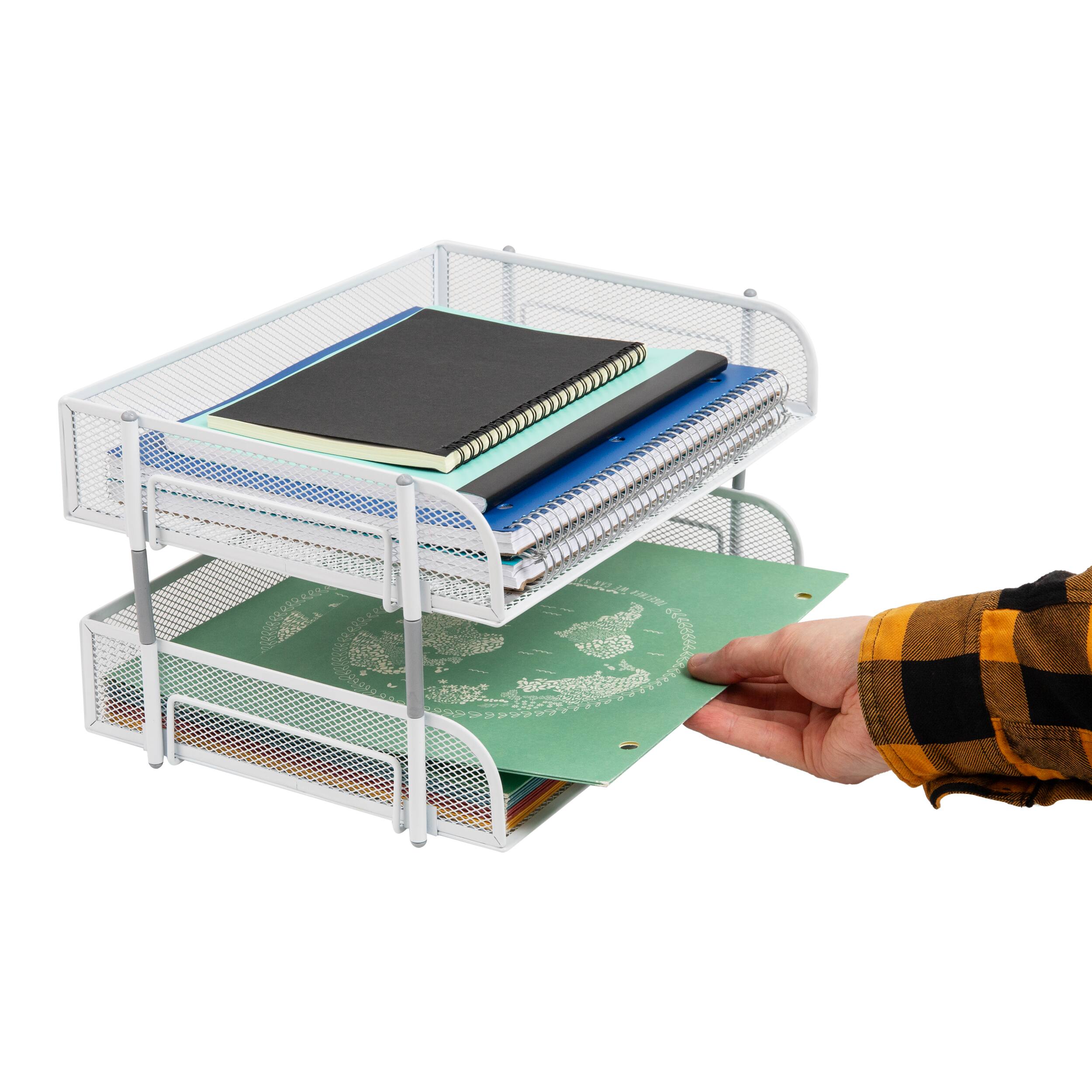 Mind Reader Stackable Paper Tray, Desktop Organizer, File Storage, Office, Metal Mesh, 13.5"L x 10"W x 7.25"H, 2 Pcs., White