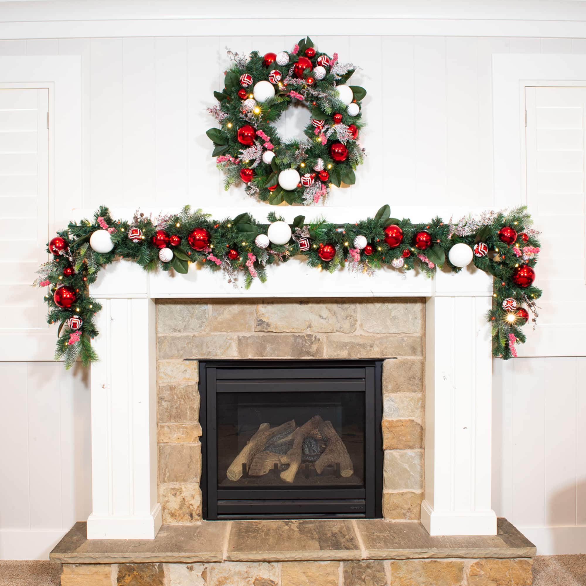 Village Lighting 30" Pre-Lit Nordic Christmas Wreath, Red & Clear LED Lights