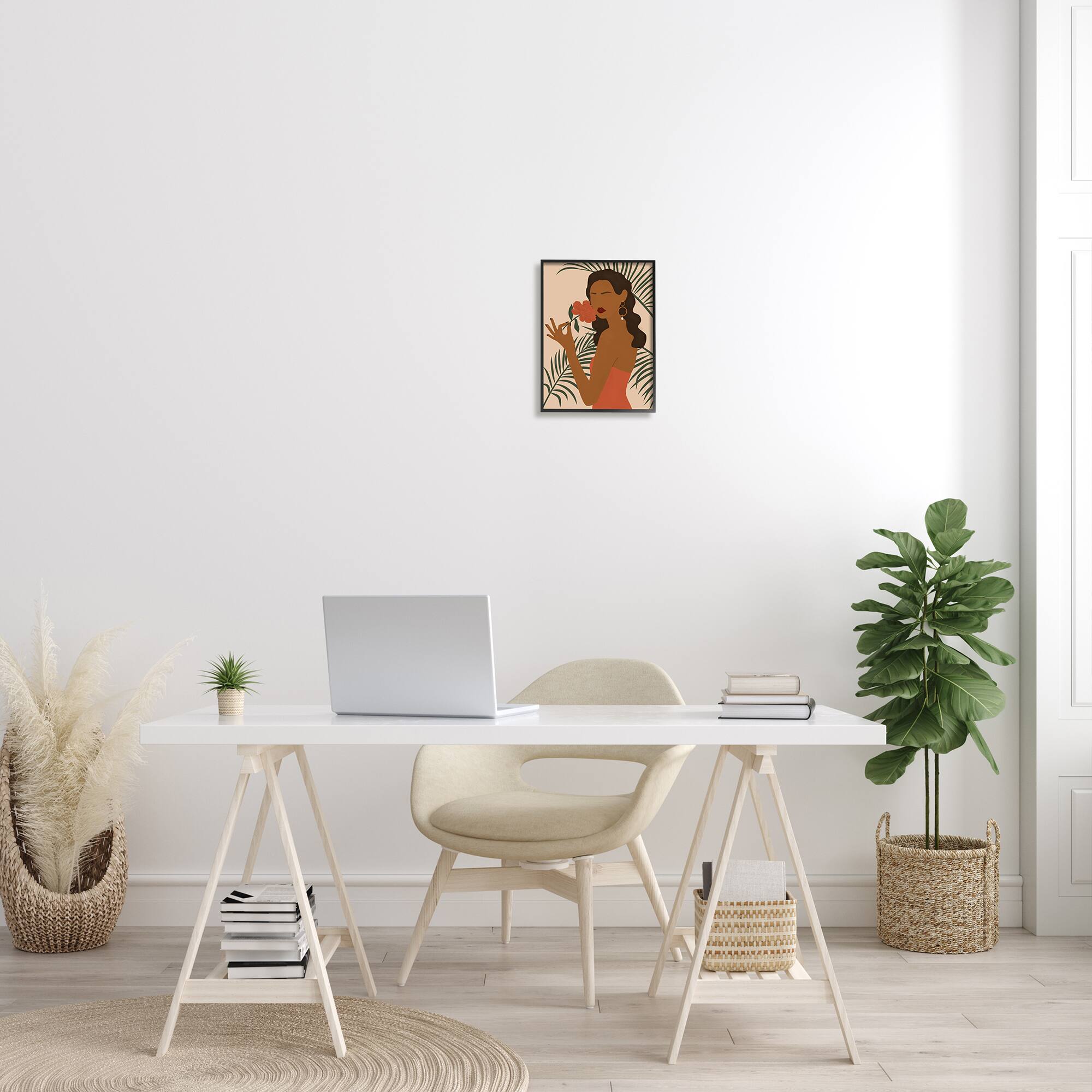 Stupell Industries Woman With Red Floral over Green Palm Leaves in Black Frame Wall Art