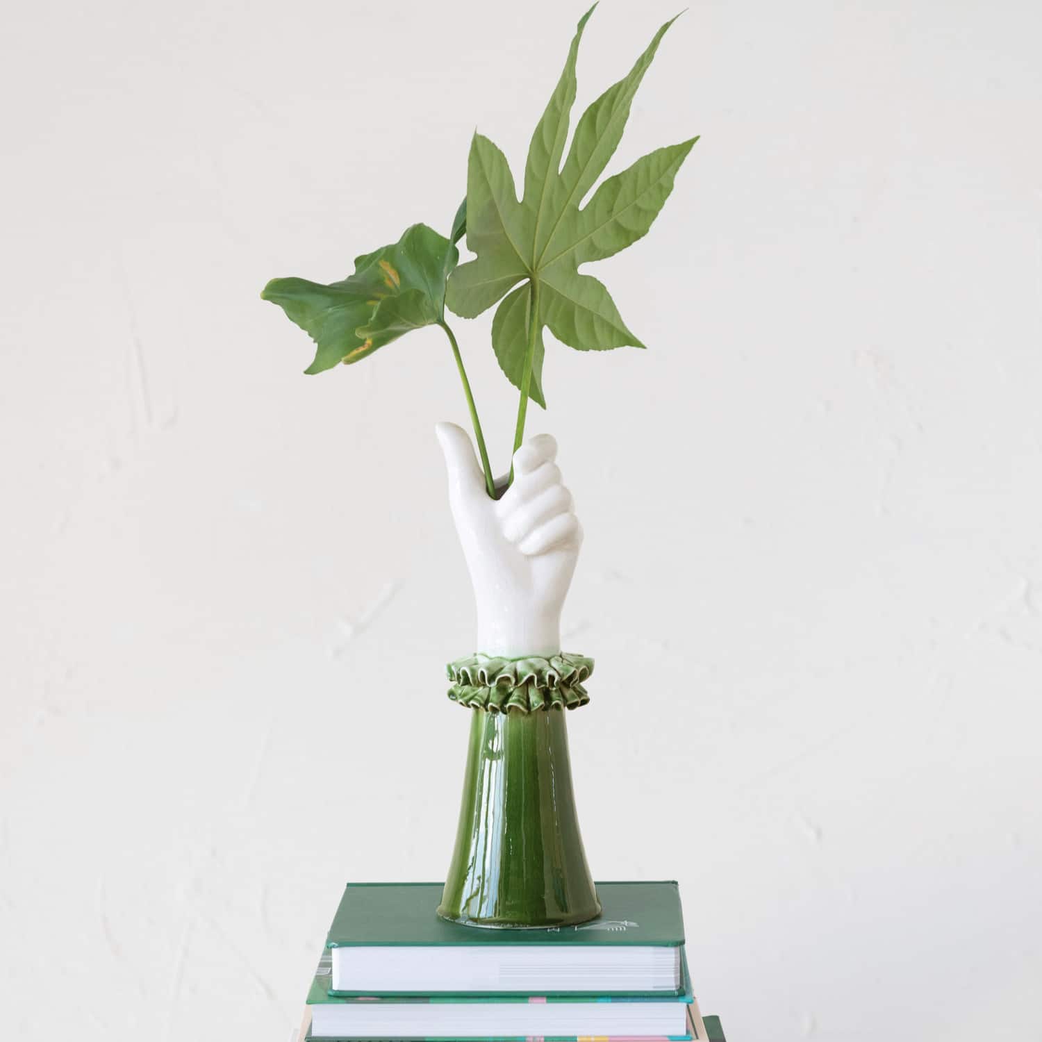 Hello Honey® 12" Green & White Stoneware Hand Vase with Ruffled Shirt Sleeve