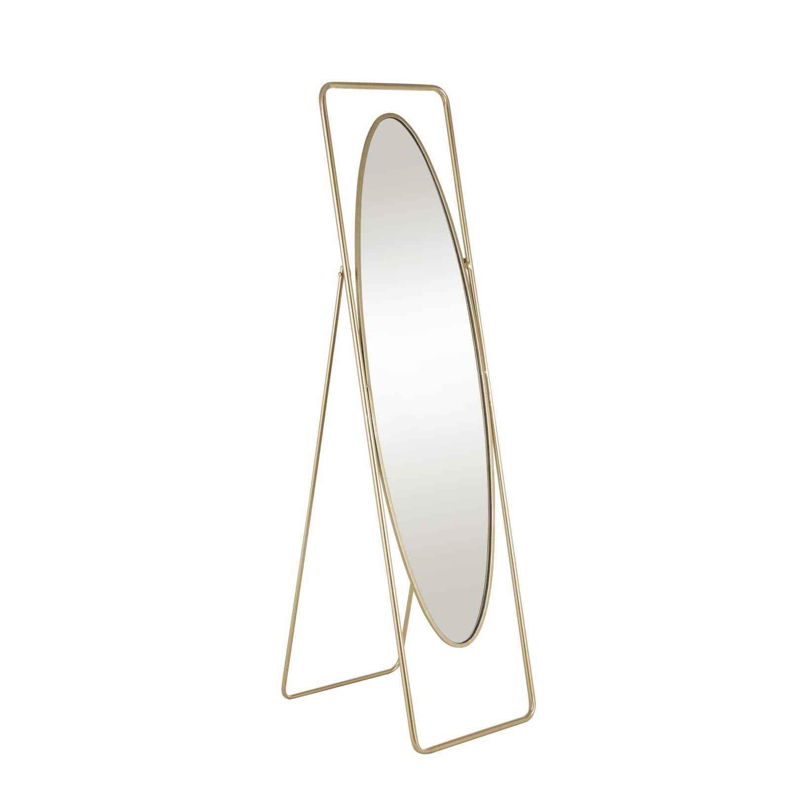 17" x 66" Gold Metal Geometric Oval Floor Mirror with Rectangular Frame & Stand