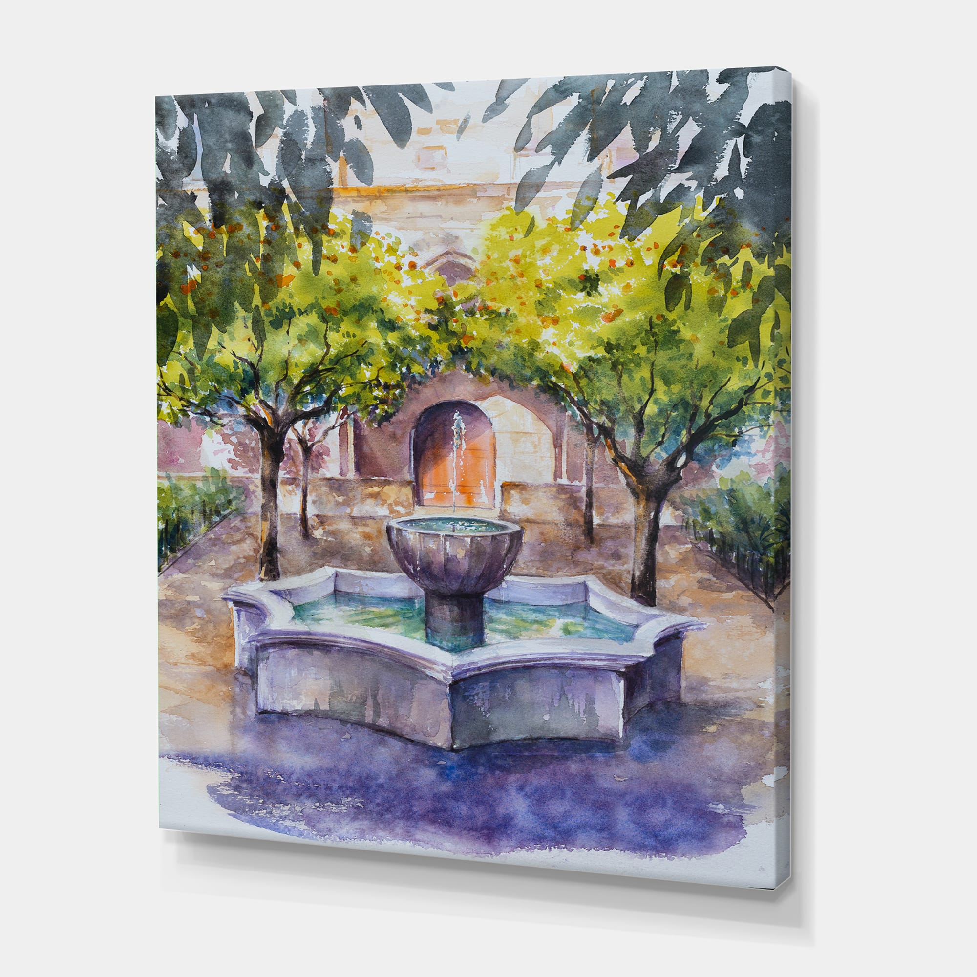Designart - Small Fountain Picture With Trees In The Village - Country Canvas Wall Art Print