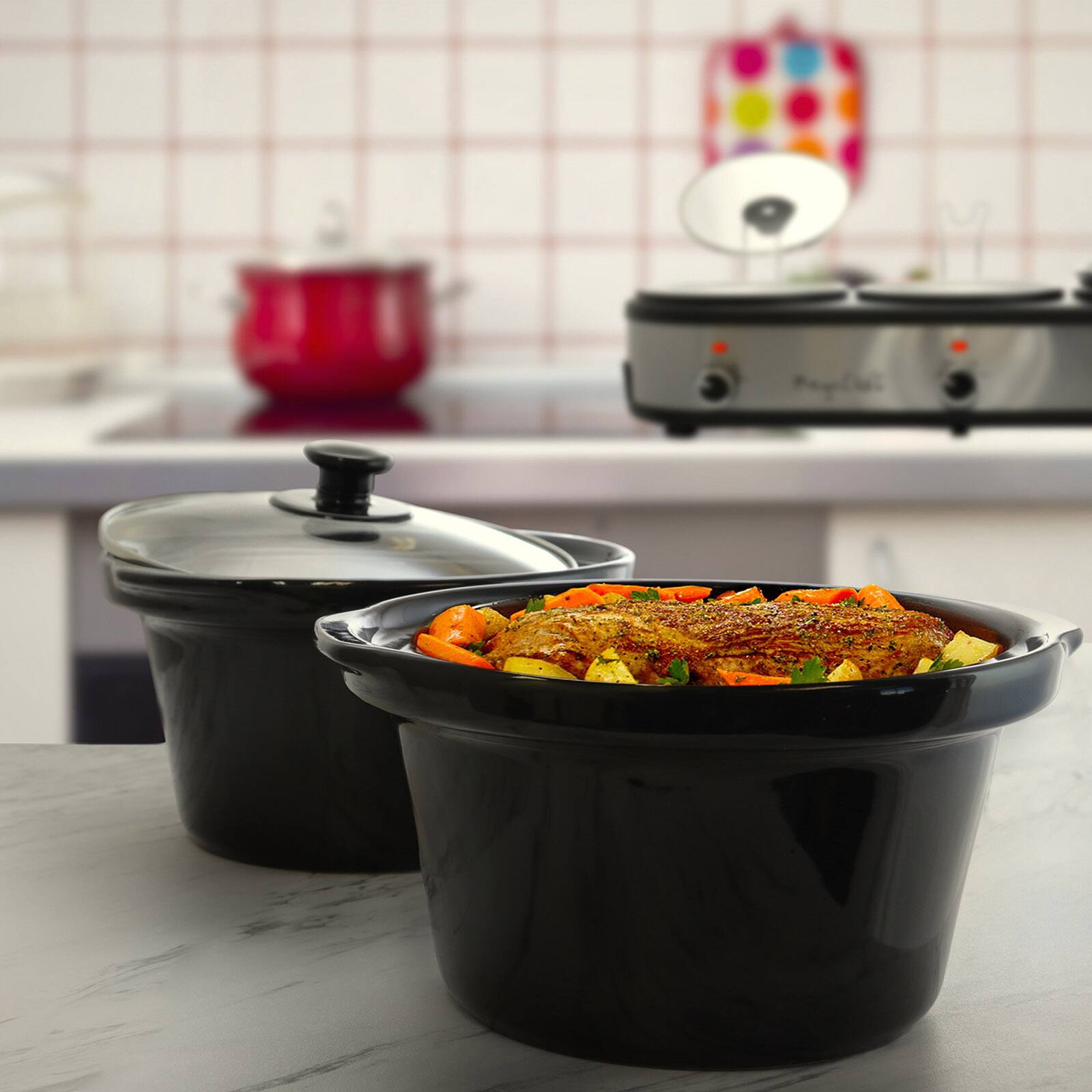MegaChef Brushed Silver & Black Finish Triple 2.5qt. Slow Cooker & Buffet Server With 3 Ceramic Cooking Pots & Removable Lid Rests