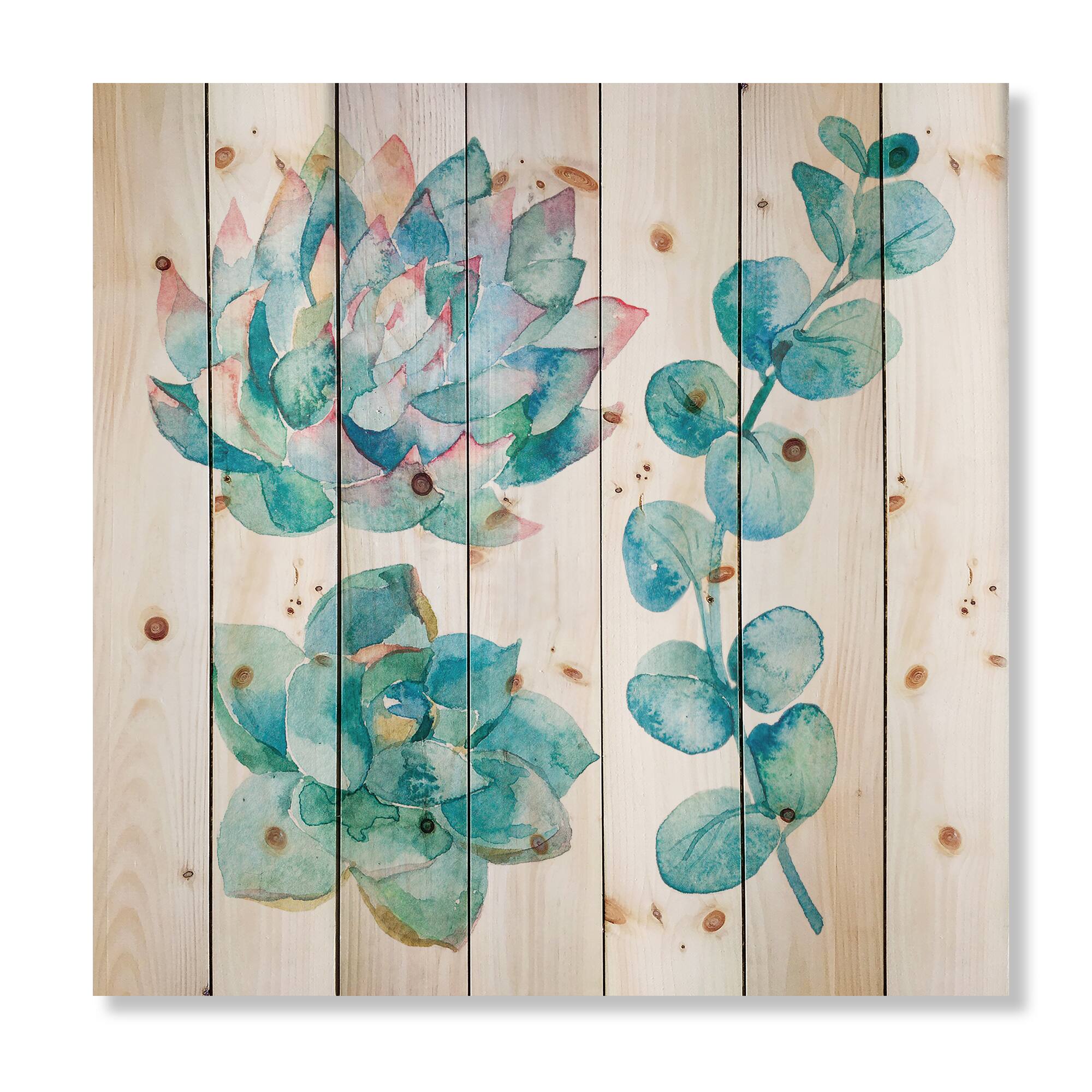 Designart - Eucalyptus Leaves and Succulents - Traditional Print on Natural Pine Wood