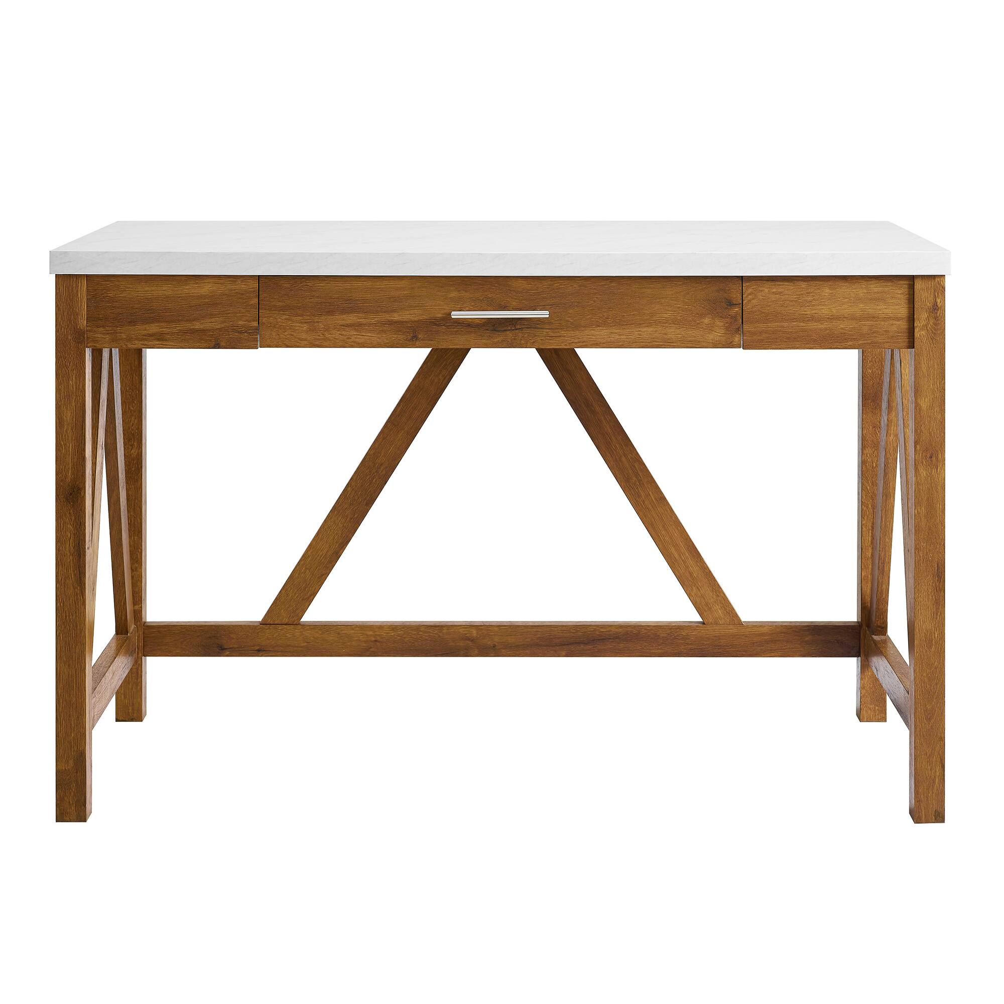Walker Edison 46" Natural Walnut/Faux White Marble A Frame Wood Computer Desk with Drawer