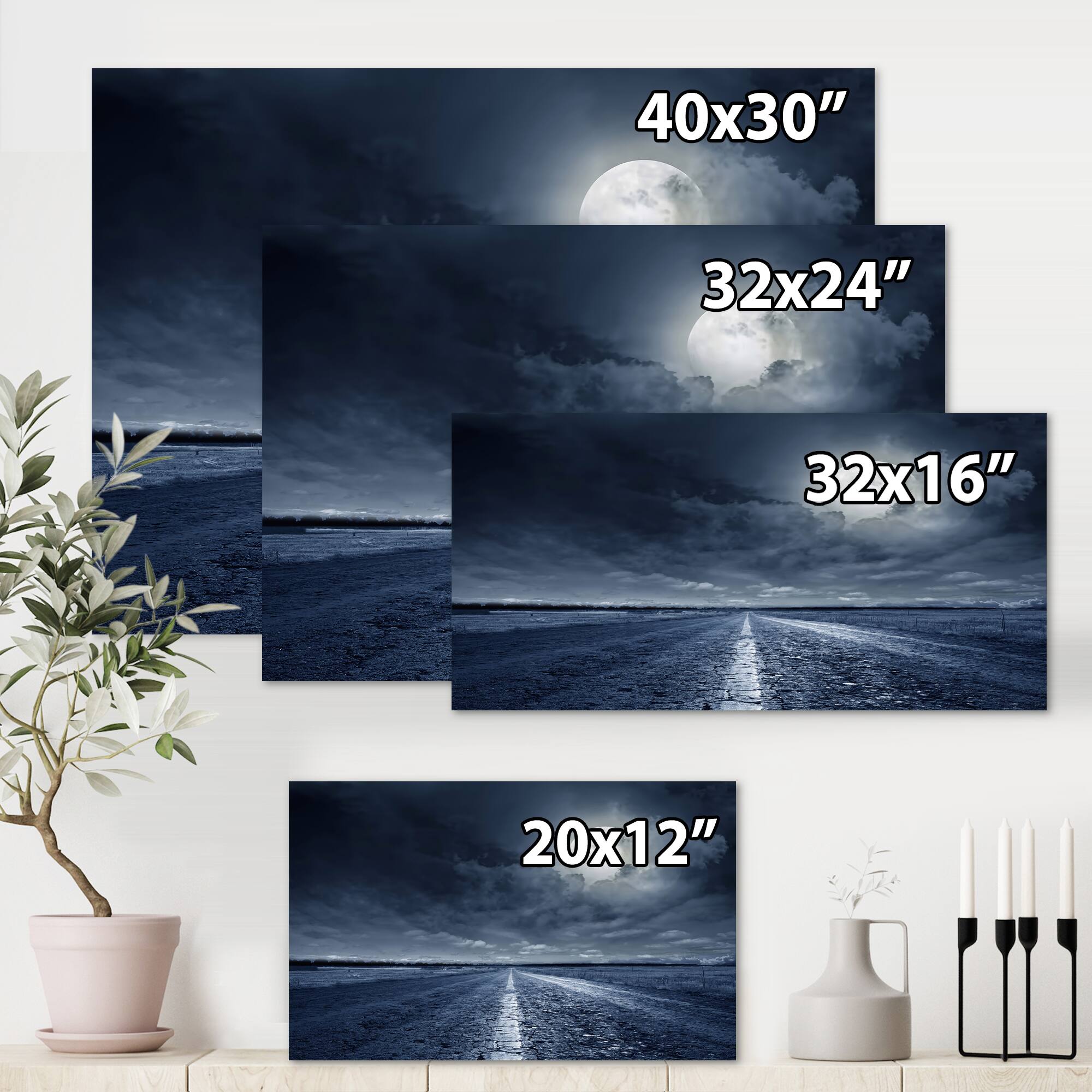 Designart - Asphalt Road Under Cloudy Full Moon I