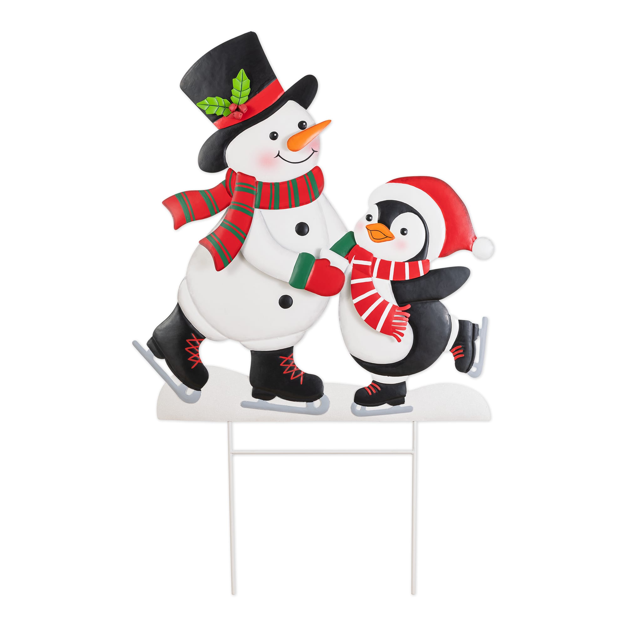 Glitzhome® 32" Christmas Metal Skiing Snowman and Penguin Yard Stake