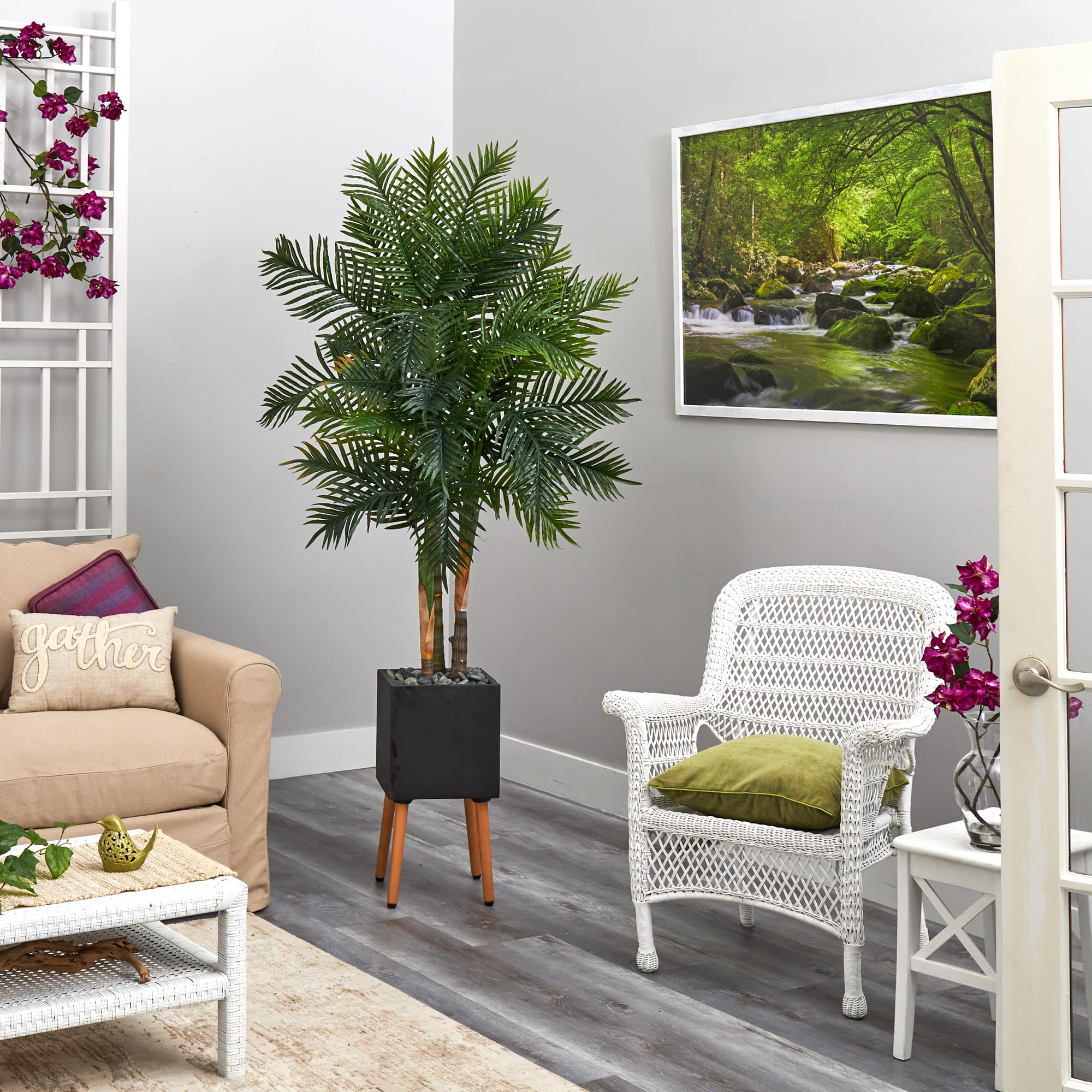 70" Areca Palm Tree in Black Planter with Stand