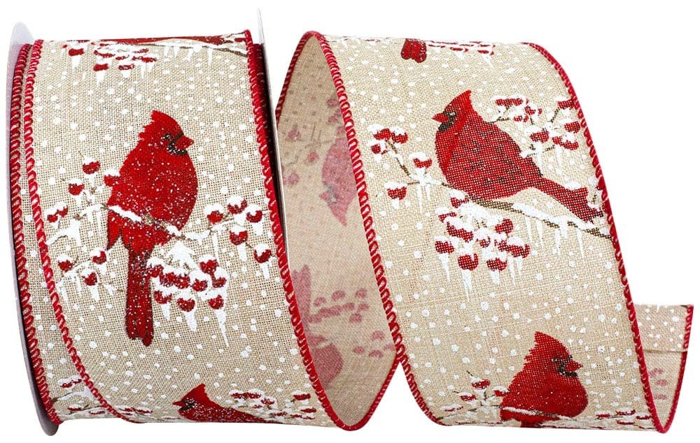 JAM Paper 2.5" x 10yd. Natural Cardinal Snow Linen Fabric Christmas Ribbon