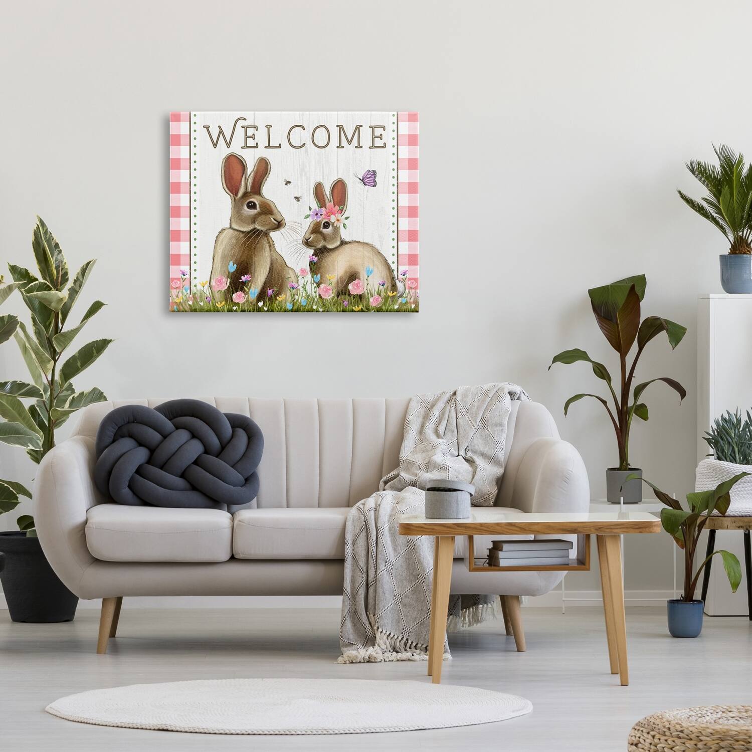Stupell Industries Welcome Plaid Spring Garden Rabbits Canvas Wall Art