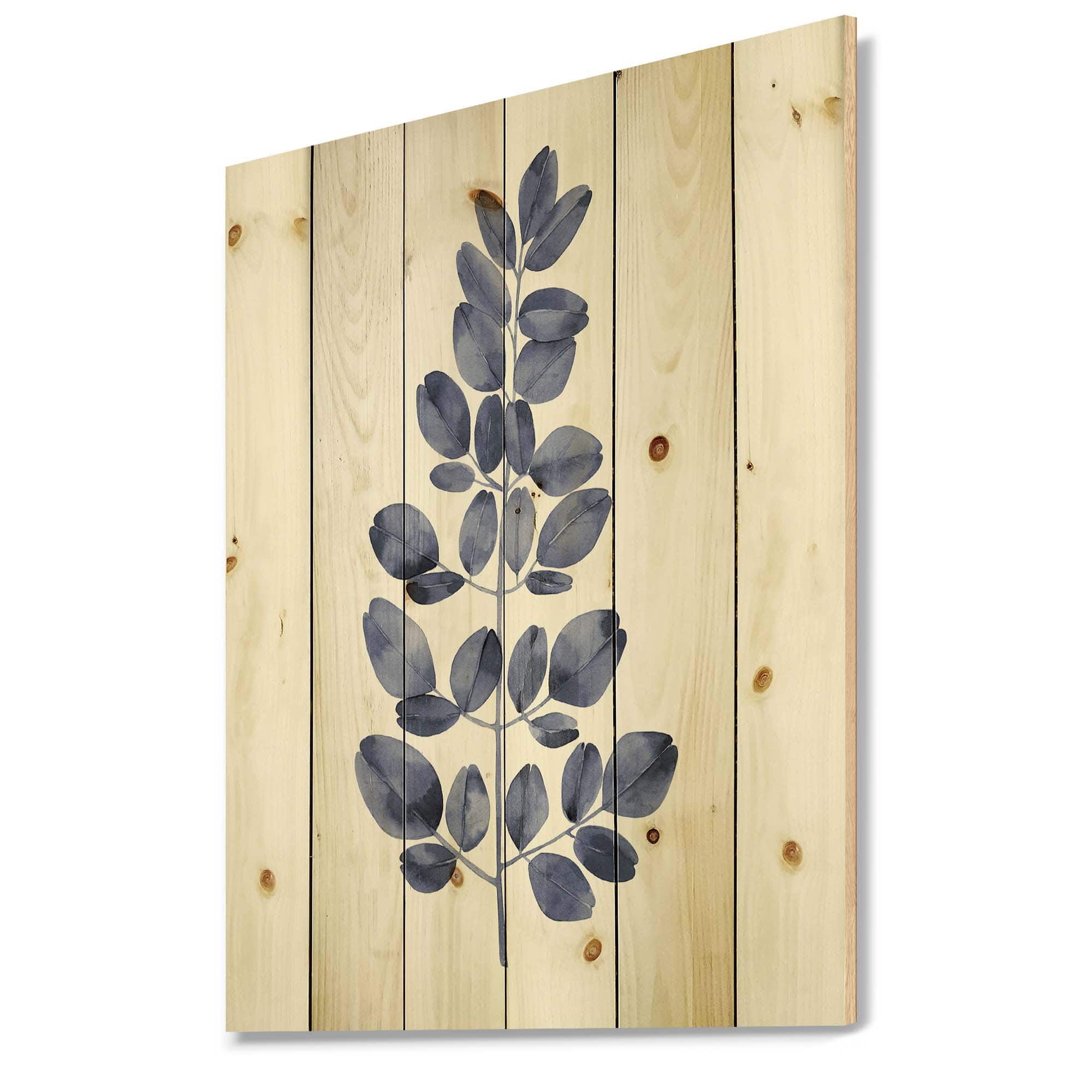 Designart - Navy Blue Eucalyptus II - Traditional Print on Natural Pine Wood