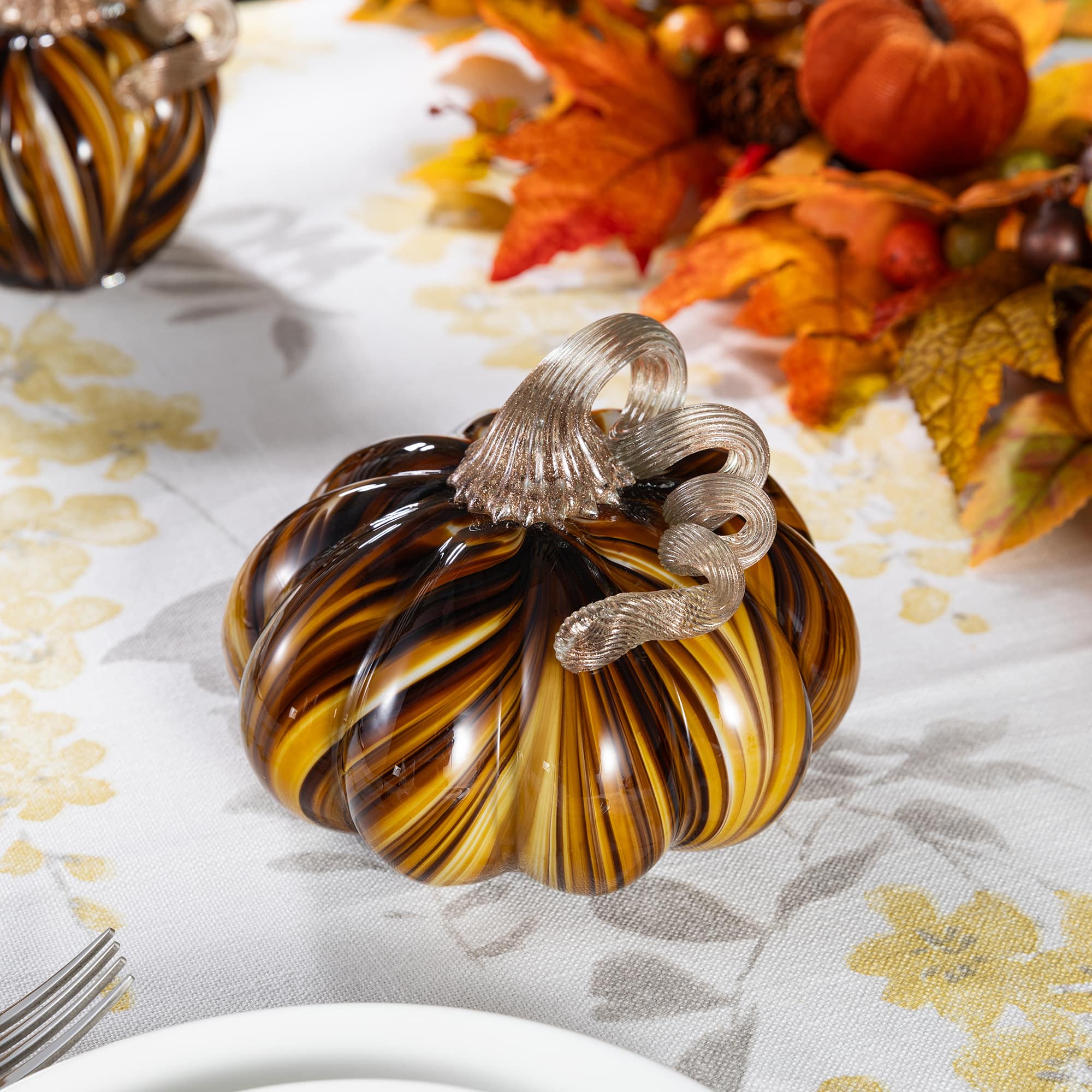 Glitzhome® 5.75" Multi Brown Striped Glass Pumpkin Fall Table Decor