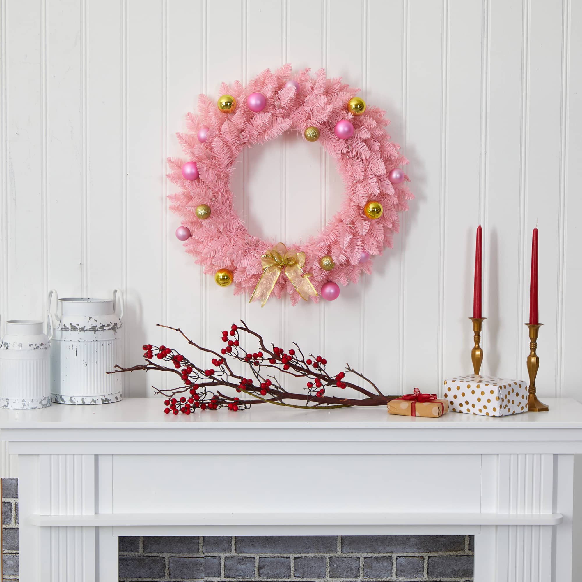 24" LED Pink Artificial Christmas Wreath with Ornaments