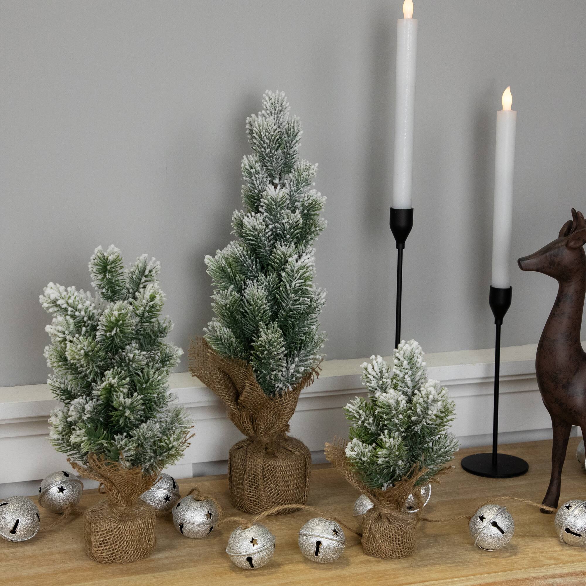 8.5", 12.5", & 17.5" Unlit Flocked Pine Artificial Christmas Trees with Burlap Base Set
