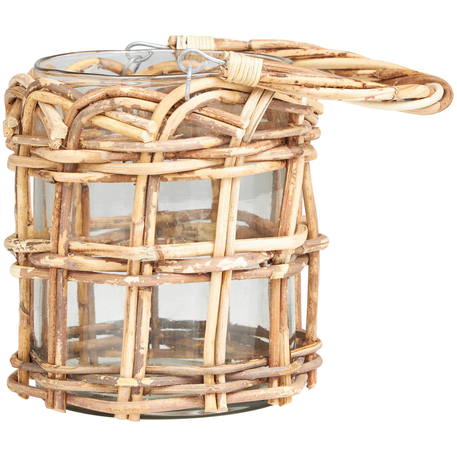 8" Clear Glass Handmade Candle Lantern with Brown Rattan Woven Exterior & Twisted Handle