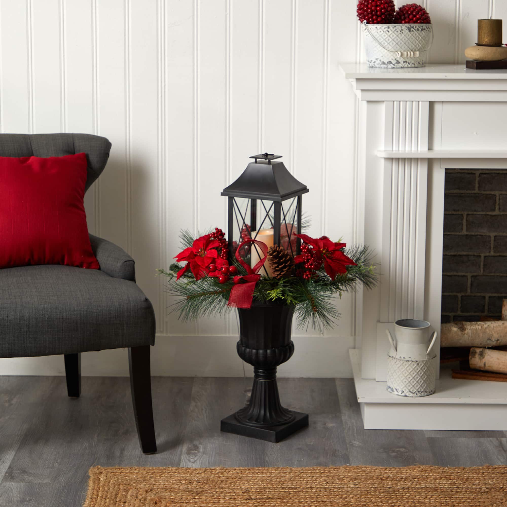 33" Christmas Berries & Poinsettia with Large Lantern & LED Candle in Decorative Urn