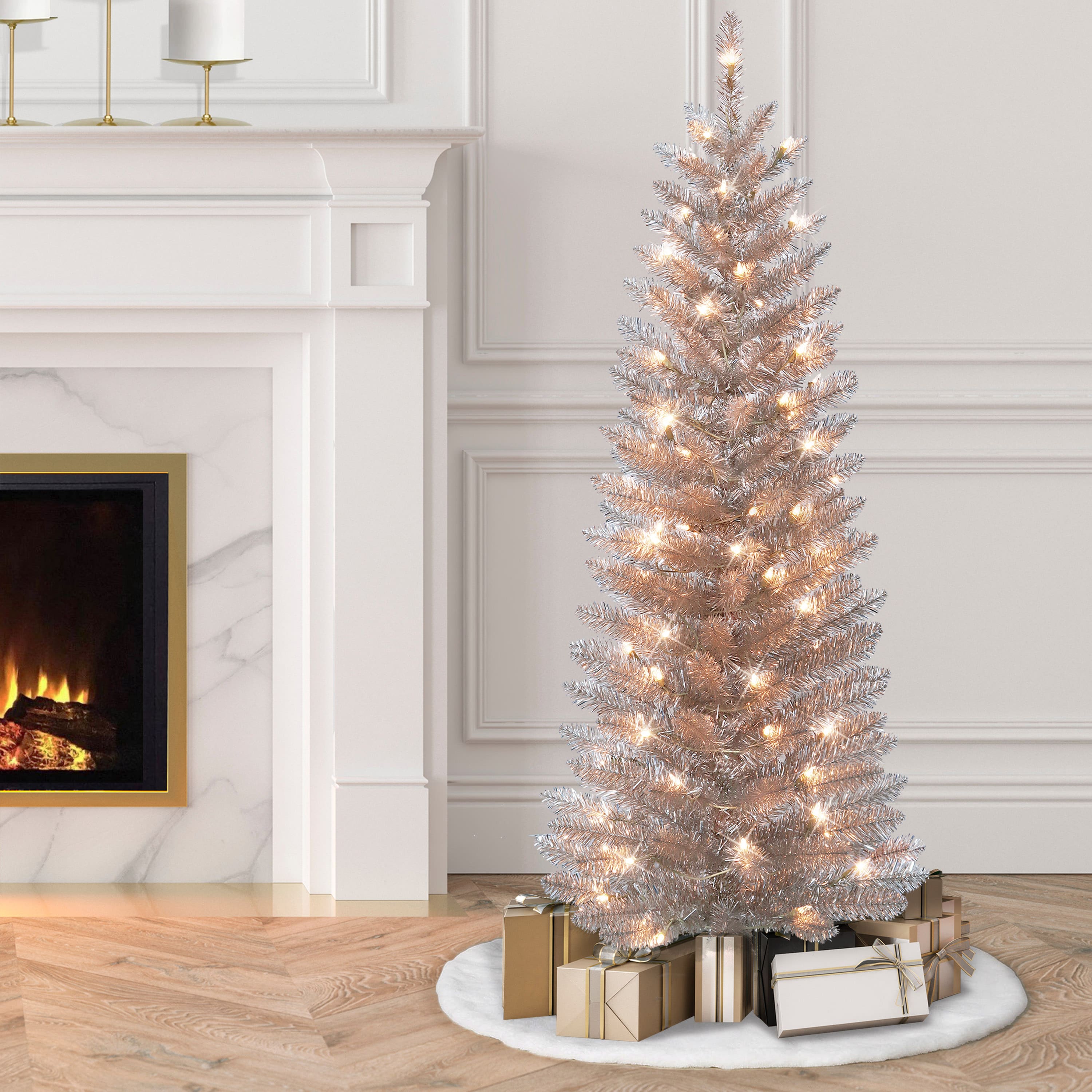 4.5ft. Pre-Lit Rose Gold Tinsel Artificial Christmas Tree, Clear Lights
