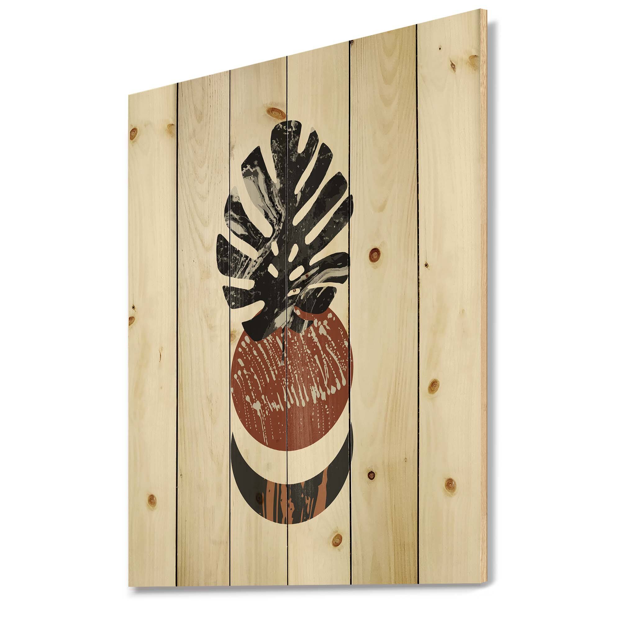 Designart - Abstact Minimal Sun, Moon & Tropical Palm Leaf II - Modern Print on Natural Pine Wood