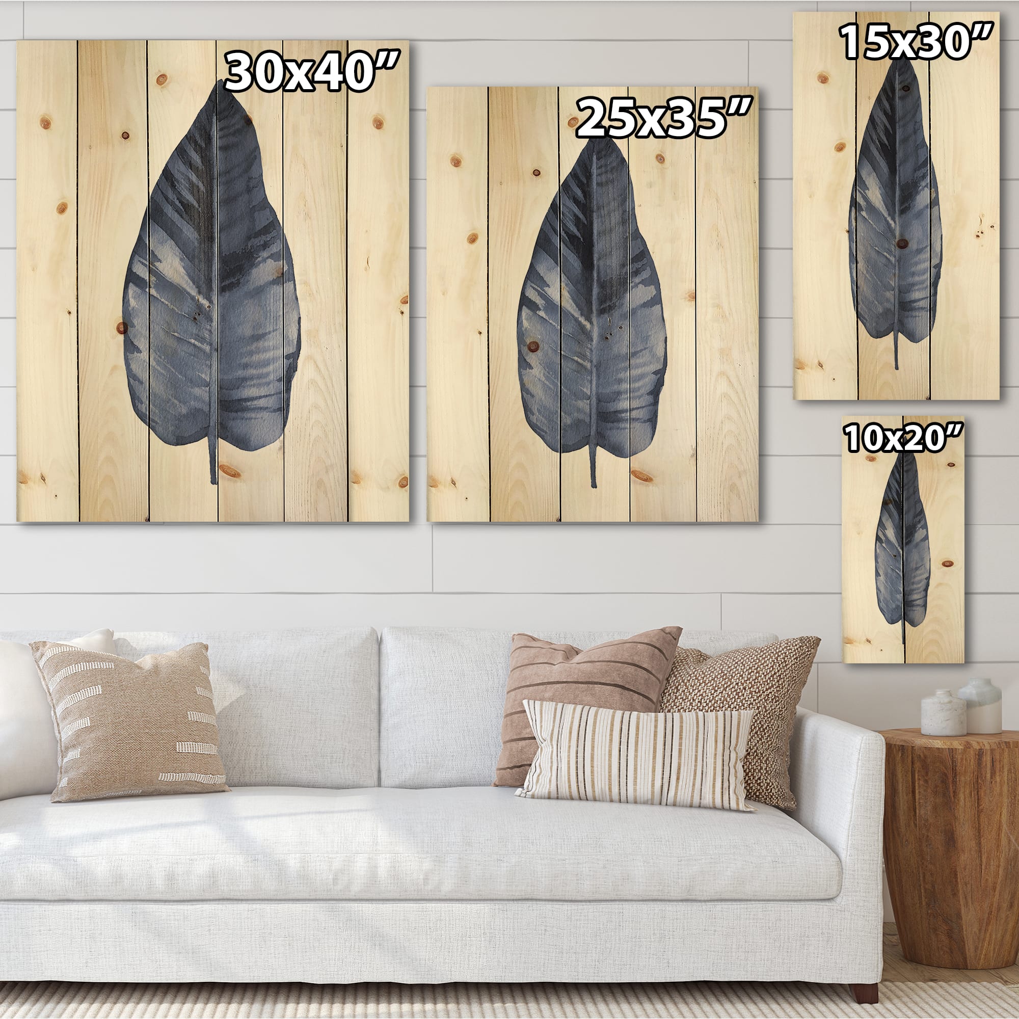 Designart - Blue Leaf Watercolour On White - Traditional Print on Natural Pine Wood