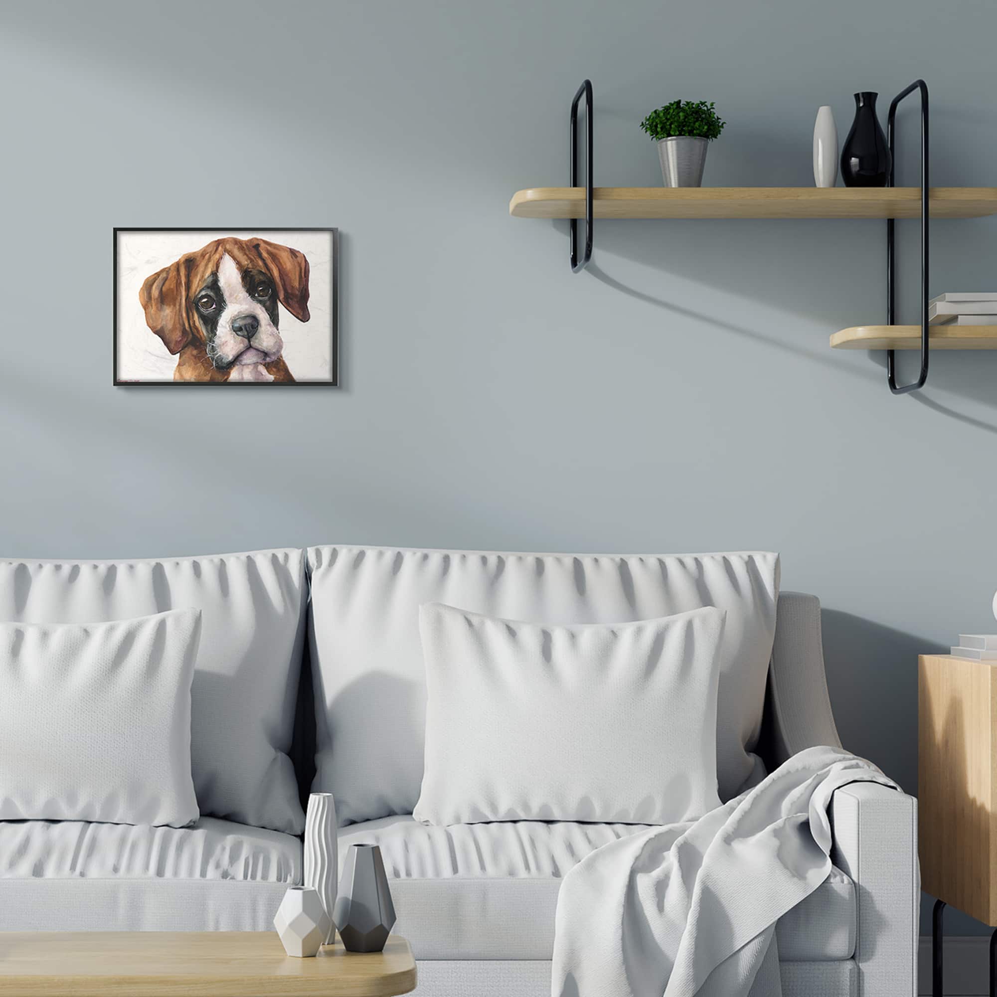 Stupell Industries Puppy Eyes Boxer Dog Pet Portrait Brown White in Frame Wall Art