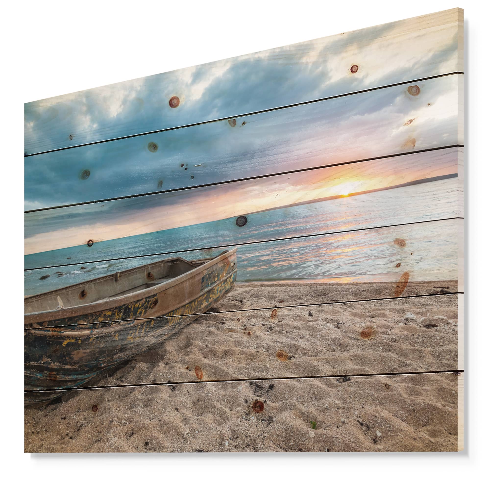Designart - Rusty Row Boat on Sand at Sunset - Seascape Print on Natural Pine Wood