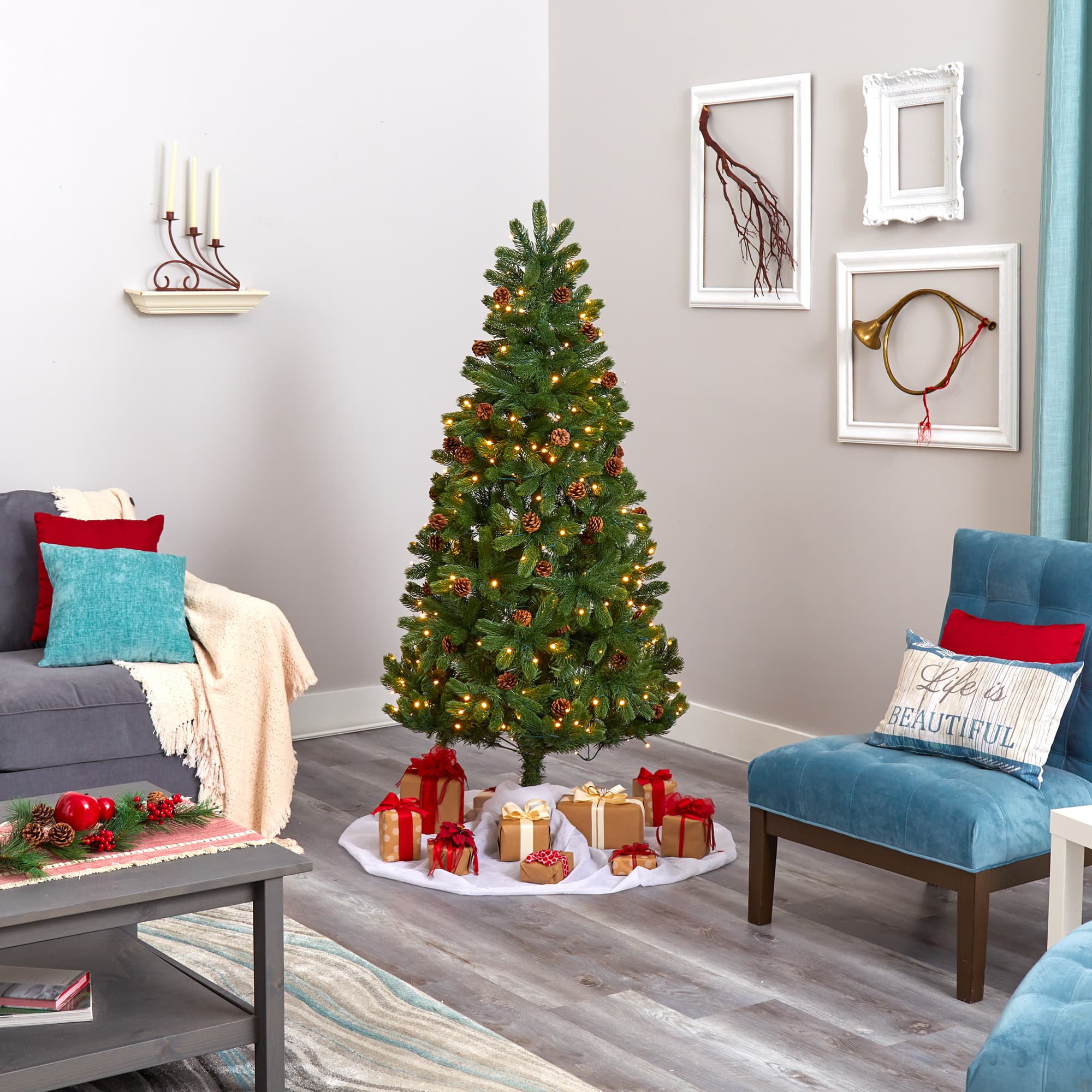 6ft. Pre-Lit Rocky Mountain Spruce & Pinecone Artificial Christmas Tree, Clear LED Lights