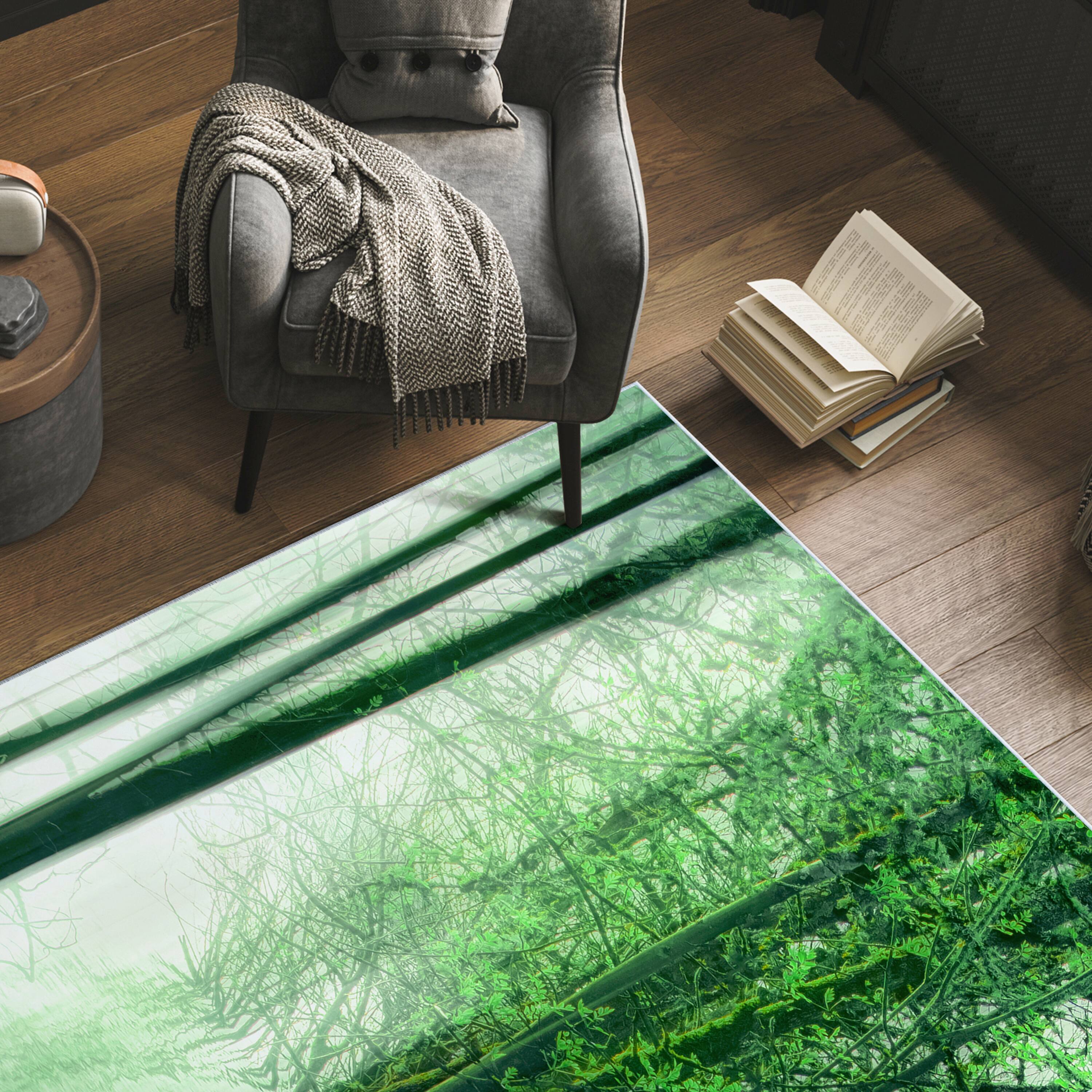 Empire Art Direct 5ft. x 7.5ft. Green Forest in the Lake Tapis D'Art Washable Area Rug
