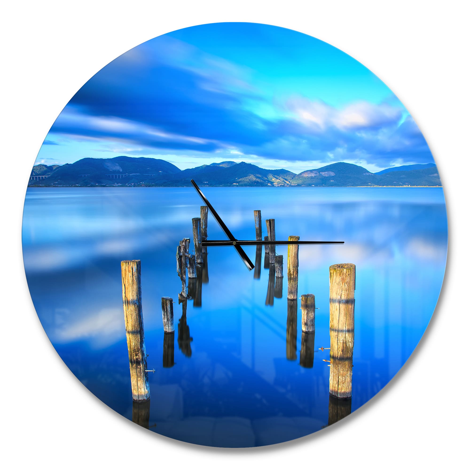 Designart 'Wooden Pier Remains In Blue Sea Modern Wall Clock
