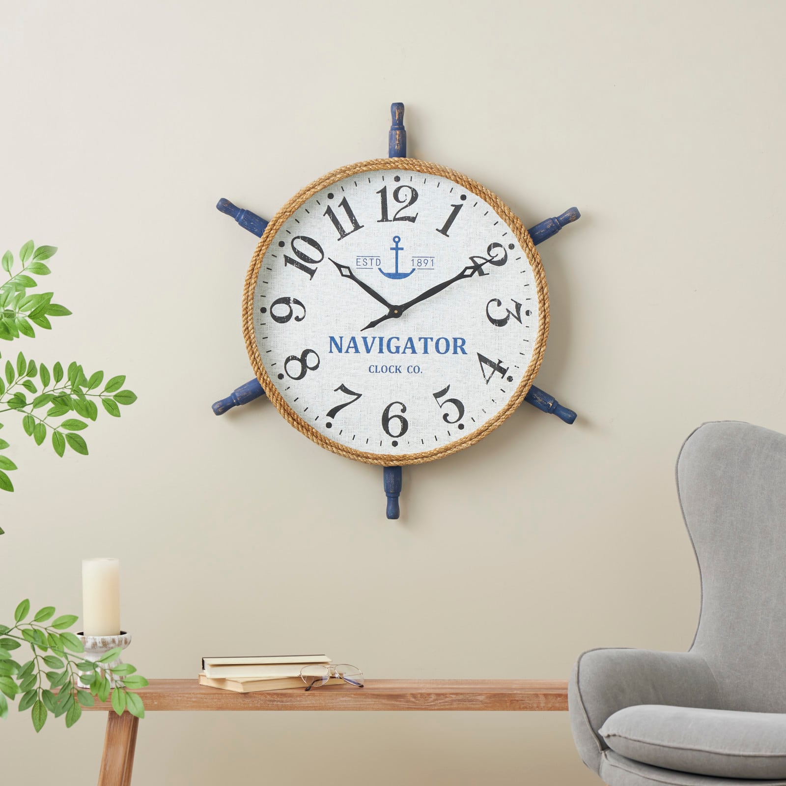 33" White & Blue Wood & Rope Ship Wheel Decorative Wall Clock