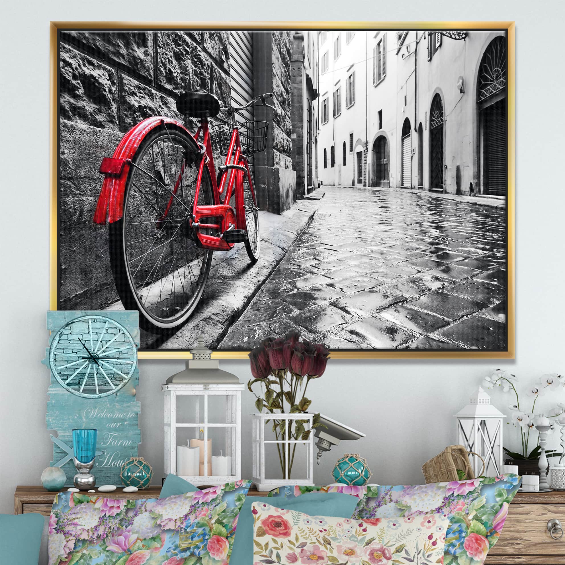 Designart - Retro Vintage Red Bike - Cityscape Photo Framed Canvas Art Print